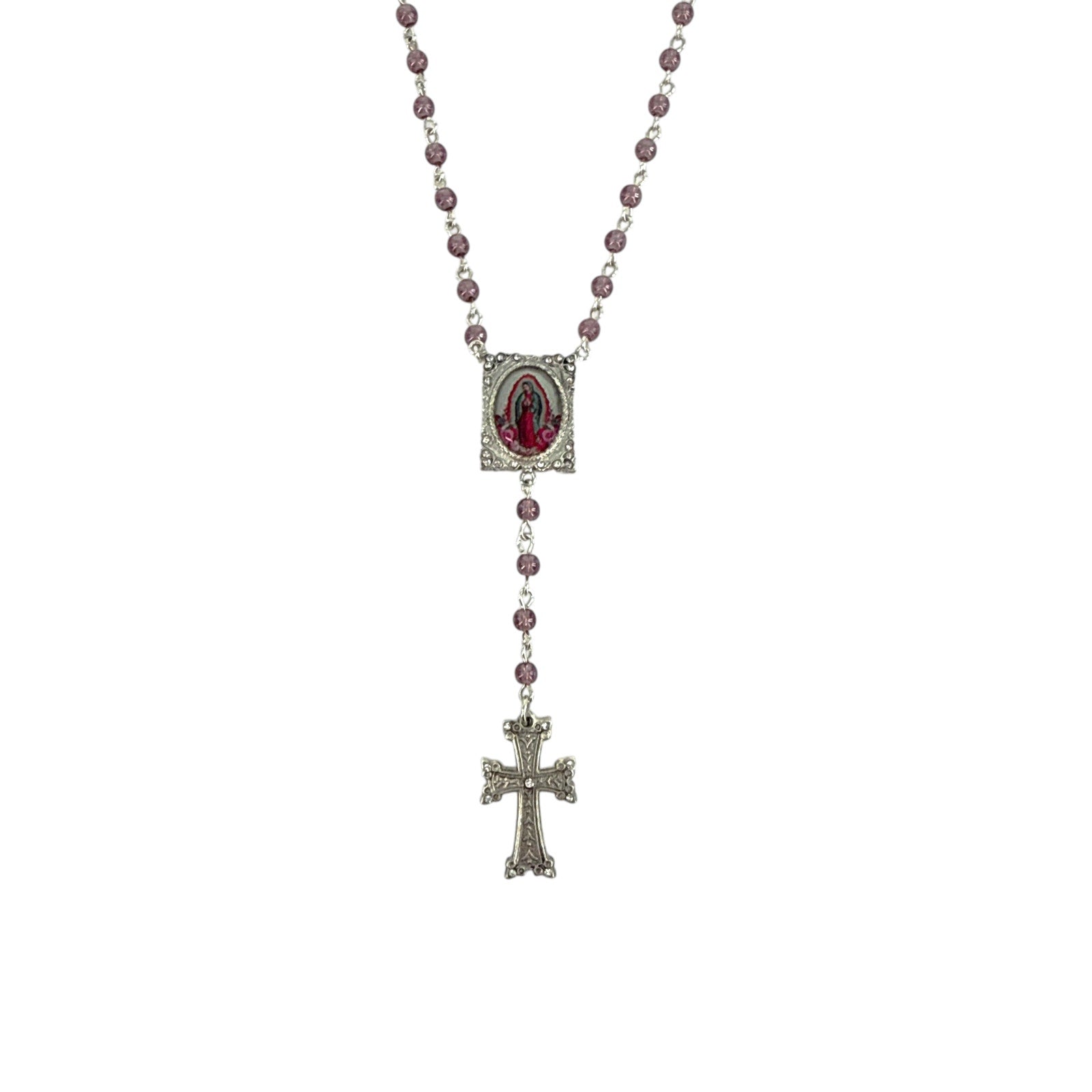 VIRGINS SAINTS & ANGELS VSA Retablo Guadalupe Rosary Necklace in Silver & Pink Virgins Saints & Angels