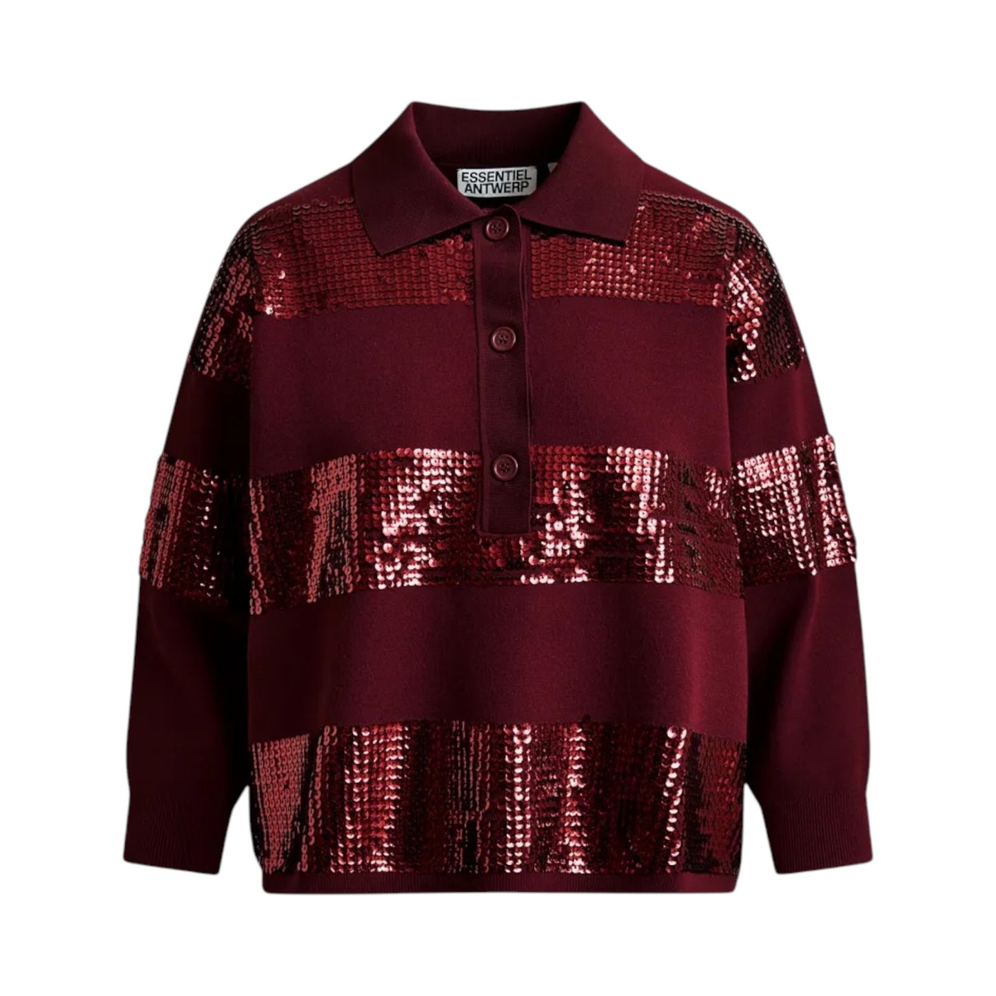 ESSENTIEL ANTWERP Illuminati Sequin Striped Polo Shirt in Wine S