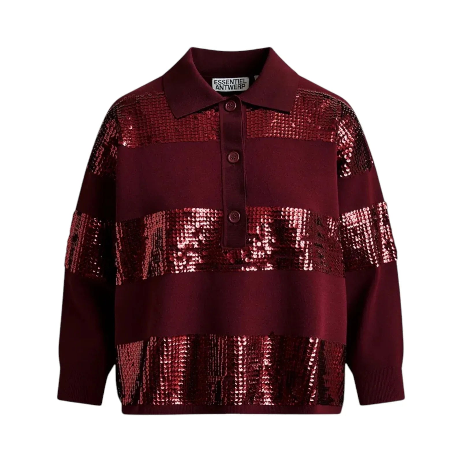 ESSENTIEL ANTWERP Illuminati Sequin Striped Polo Shirt in Wine S - flyKAMP