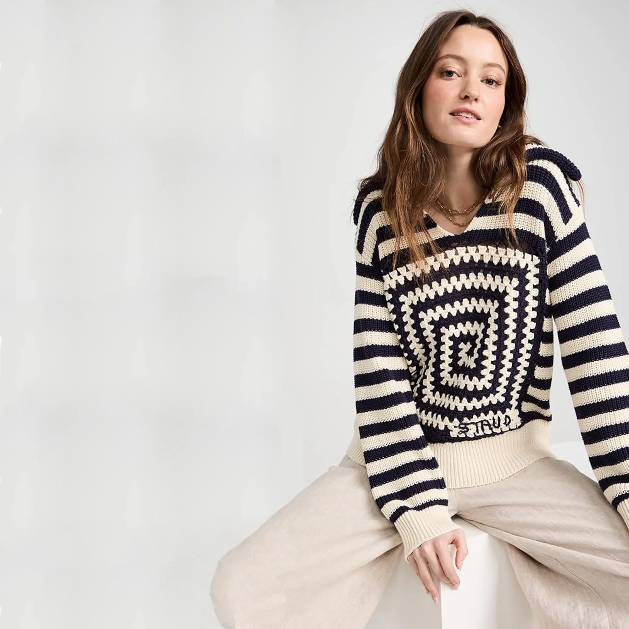 STAUD Alloy Striped Crocheted Cotton Sweater In Acid Cobalt XS - flyKAMP