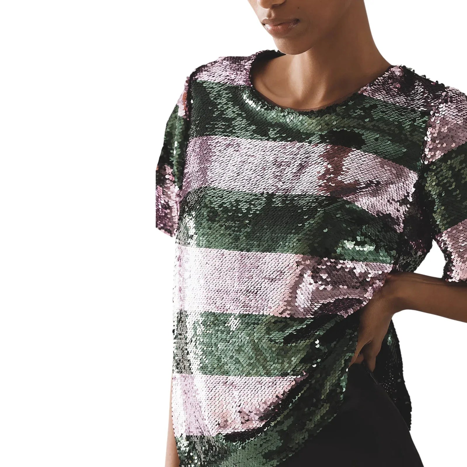 ANTHROPOLOGIE Maeve Short-Sleeve Sequin Striped Top S - flyKAMP