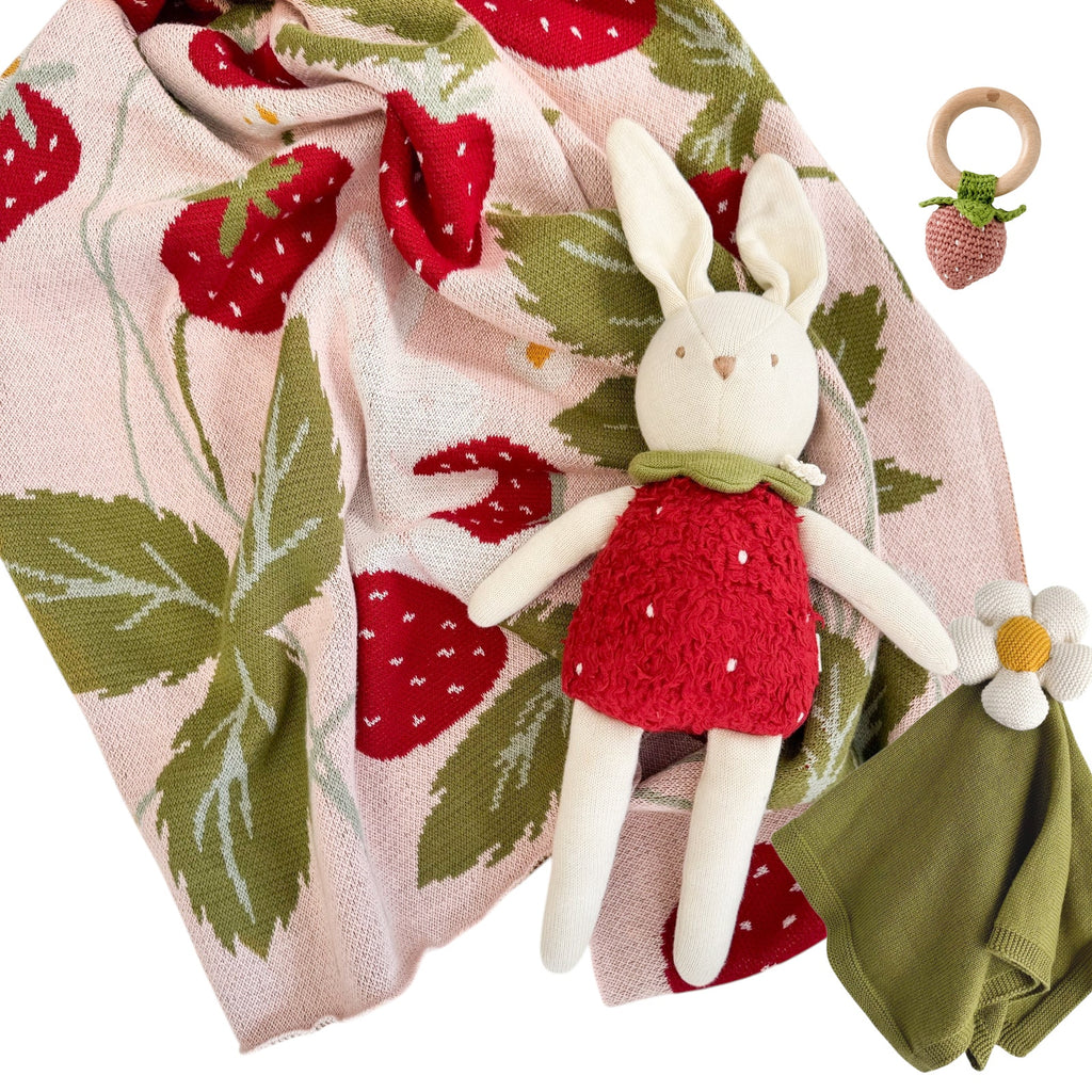 THE BLUEBERRY HILL Strawberry Bunny Baby Gift Basket: Wicker Suitcase The Blueberry Hill