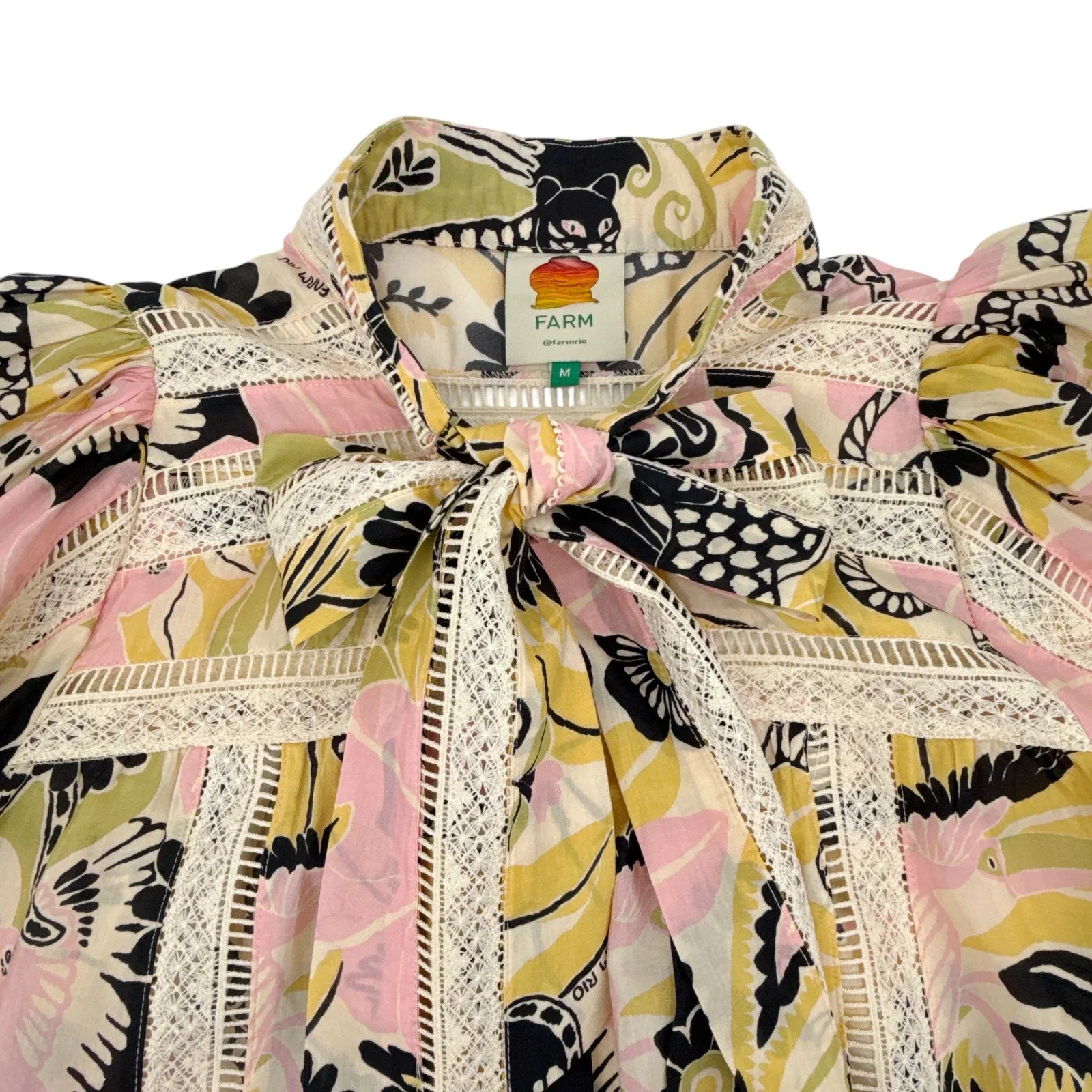 FARM RIO Vintage Forest Lace Trim Tie Neck Blouse M - flyKAMP