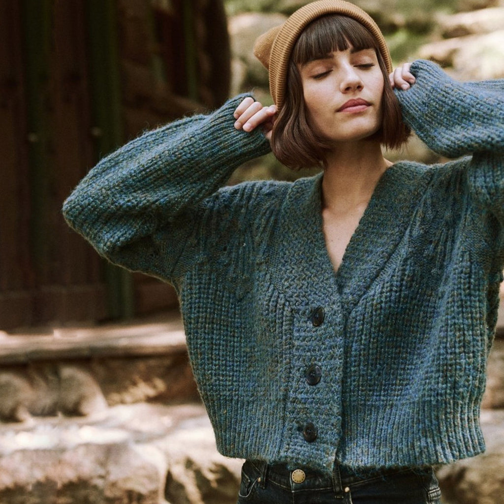 The GREAT. The Frond Montana Cardigan in Pine Needle Shimmer 1 | S The Great.