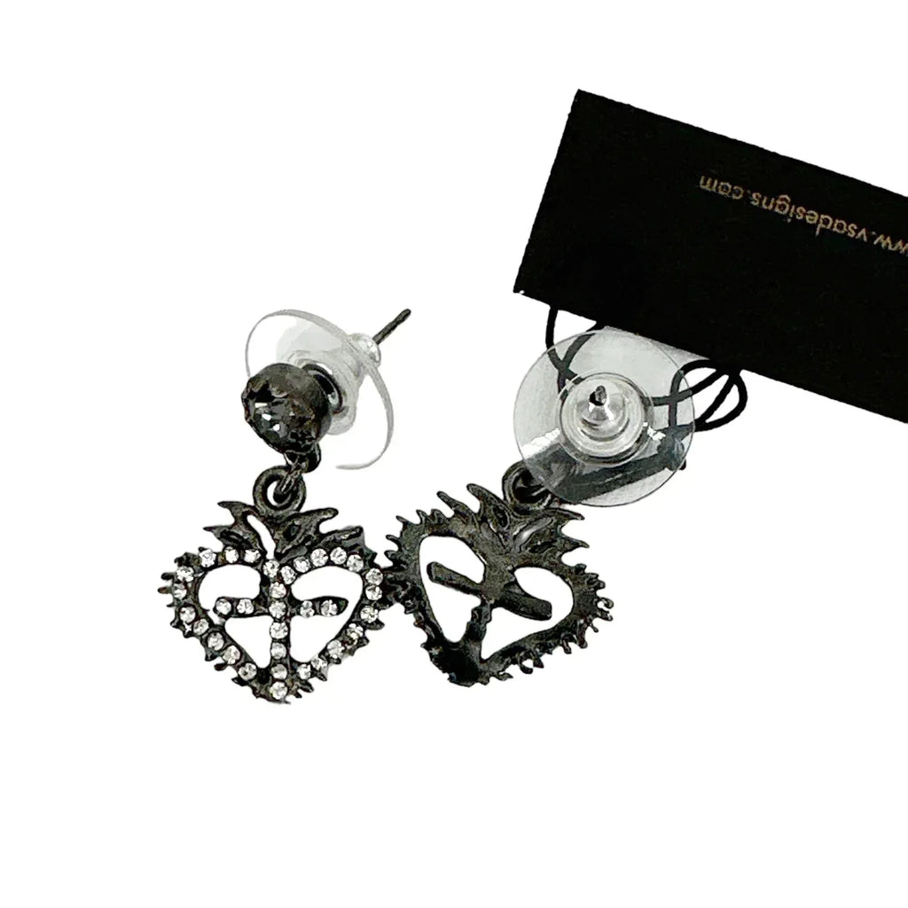 VIRGINS SAINTS & ANGELS VSA Queen of Hearts Crystal Drop Post Earrings in Gunmetal - flyKAMP