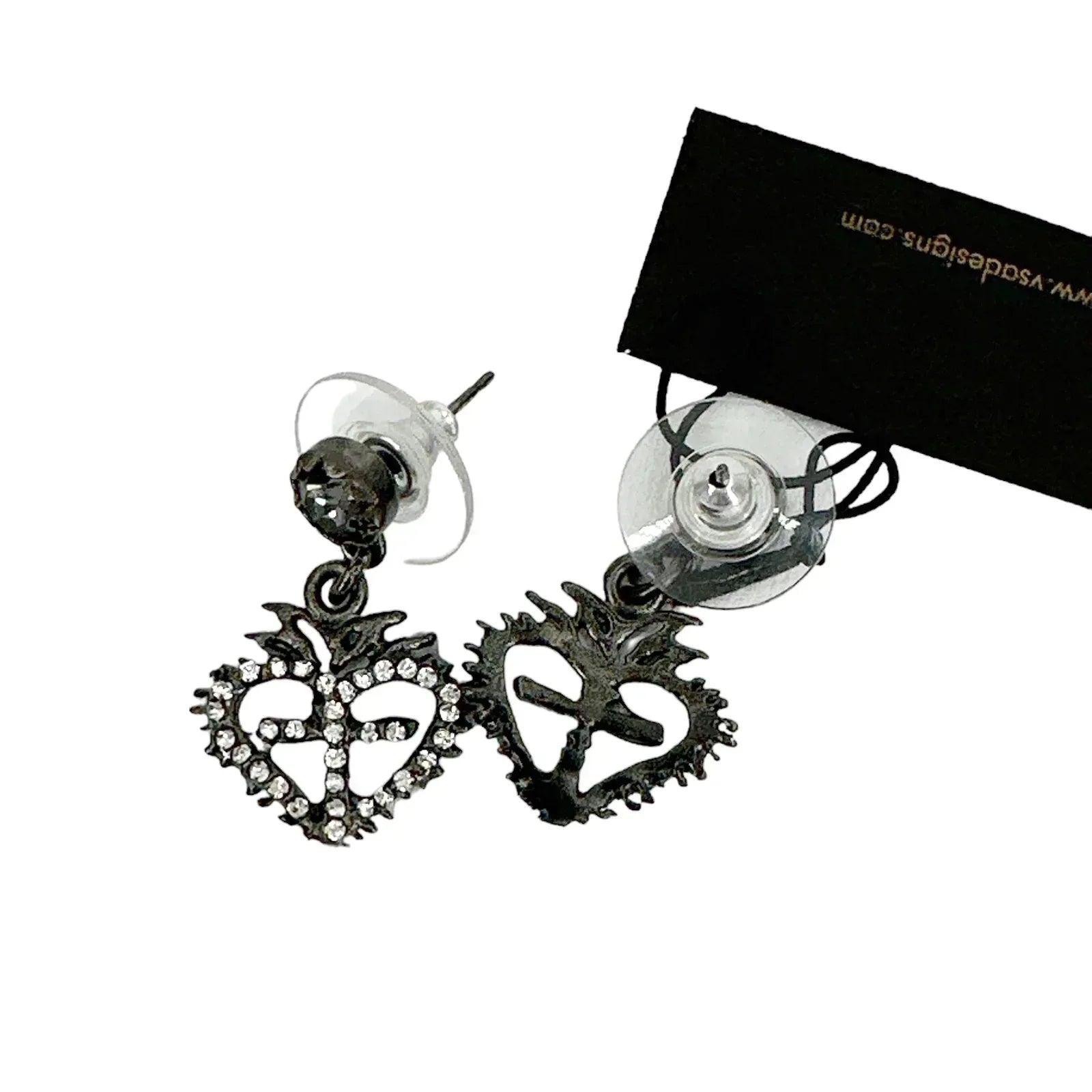VIRGINS SAINTS & ANGELS VSA Queen of Hearts Crystal Drop Post Earrings in Gunmetal - flyKAMP
