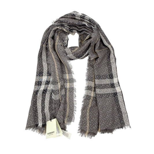 BURBERRY TB Giant Check Gauze Wool & Silk Scarf in Charcoal