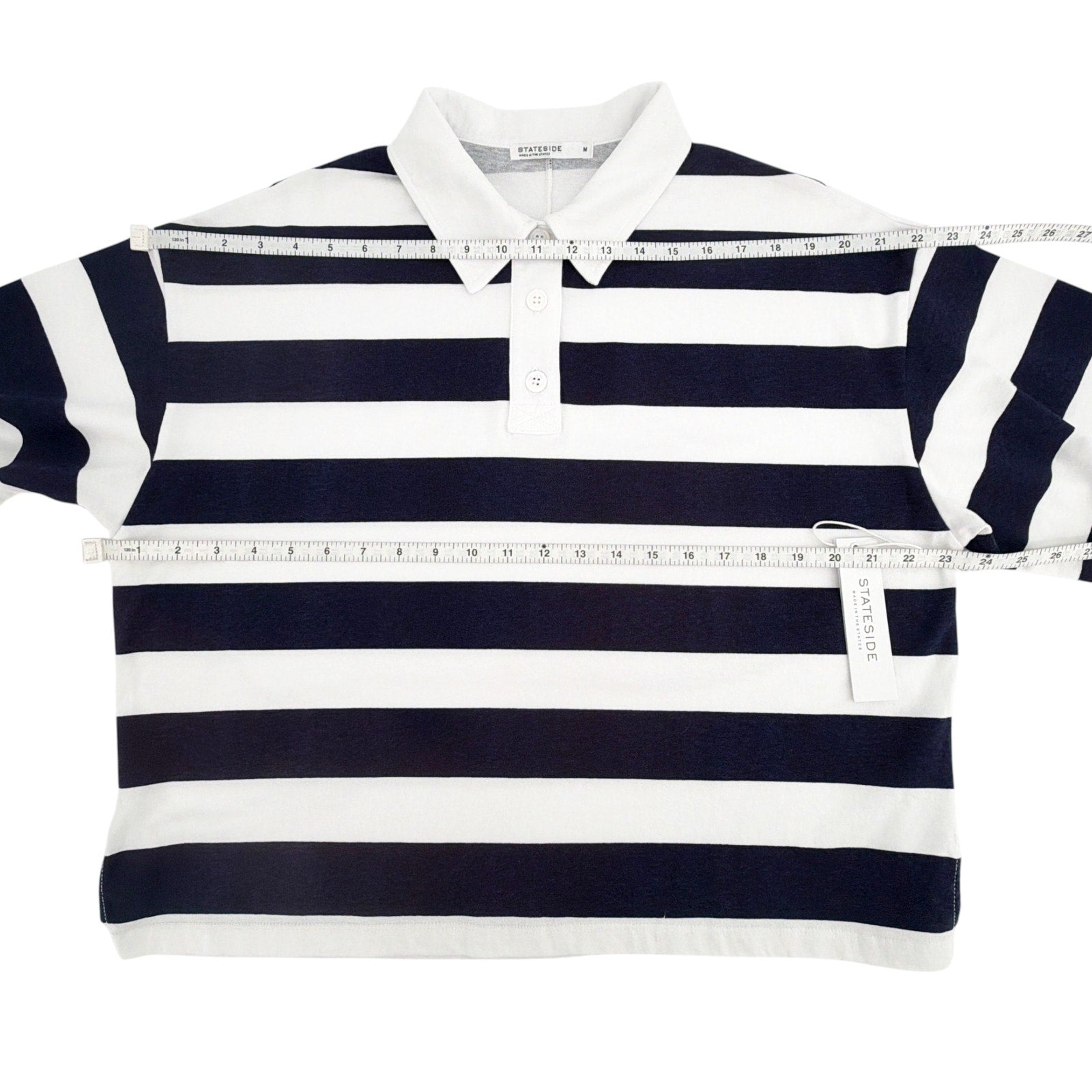 STATESIDE Rugby Stripe Short Sleeve Boxy Polo Navy & White M Stateside