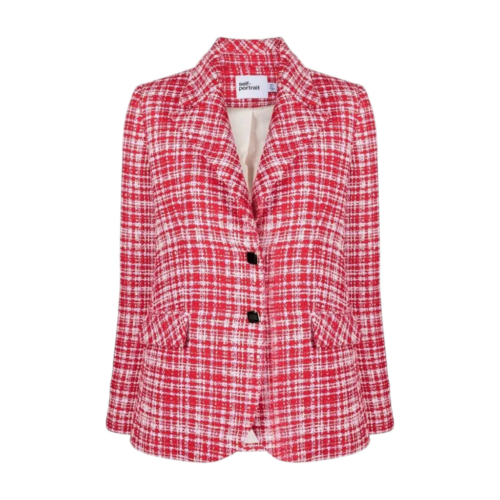 SELF-PORTRAIT Bouclé Checked Blazer in Red Self-Portrait