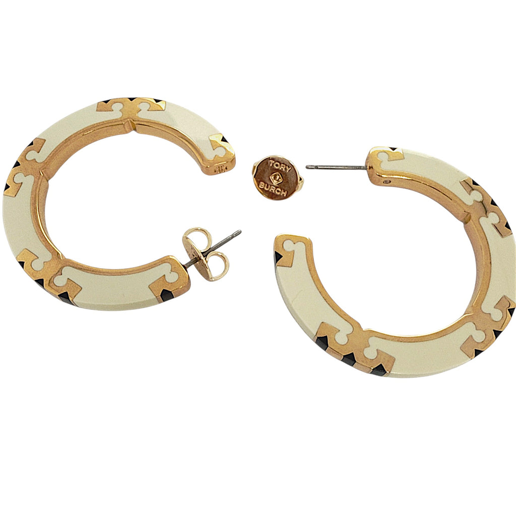 TORY BURCH Icon Enamel Hoop Earrings in Tory Gold / New Ivory / Black Tory Burch