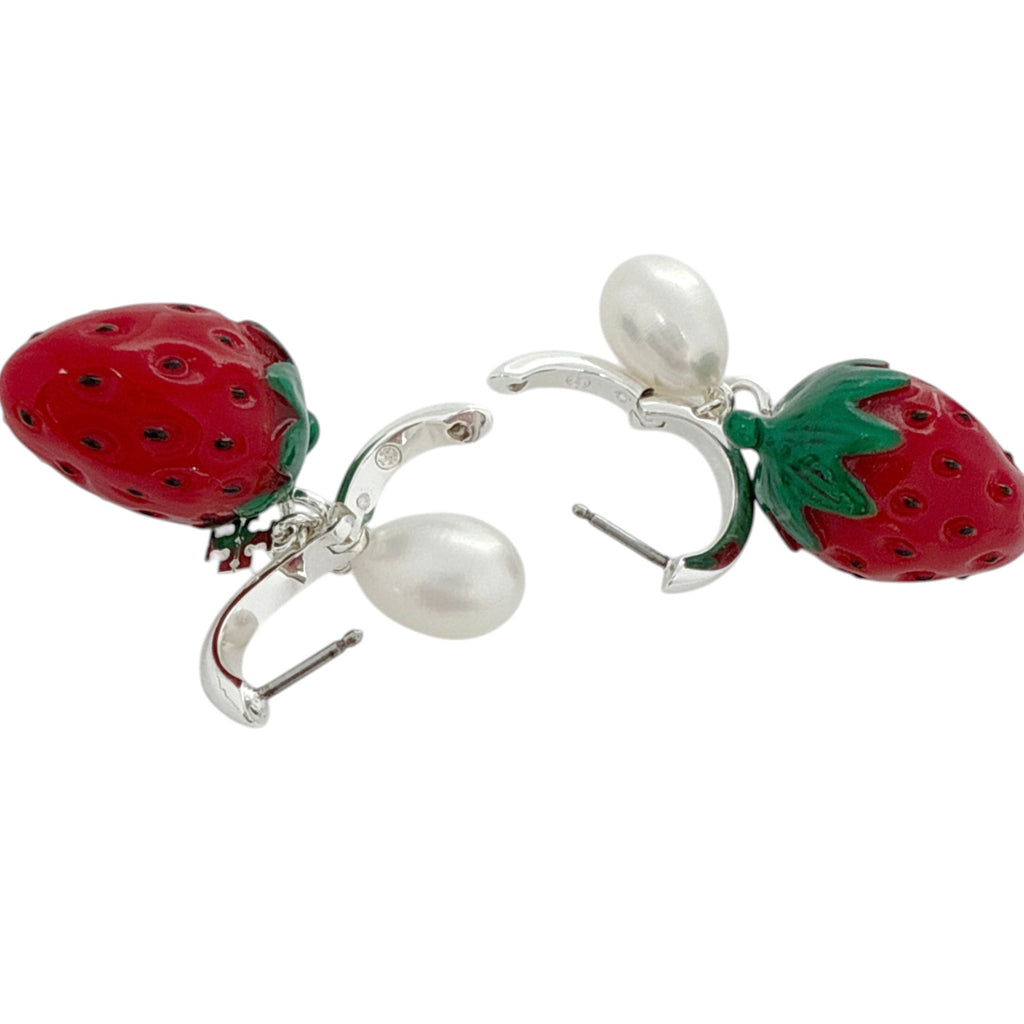 TORY BURCH Curiosity Strawberry Earrings in Light Silver / Red / Pearl Tory Burch