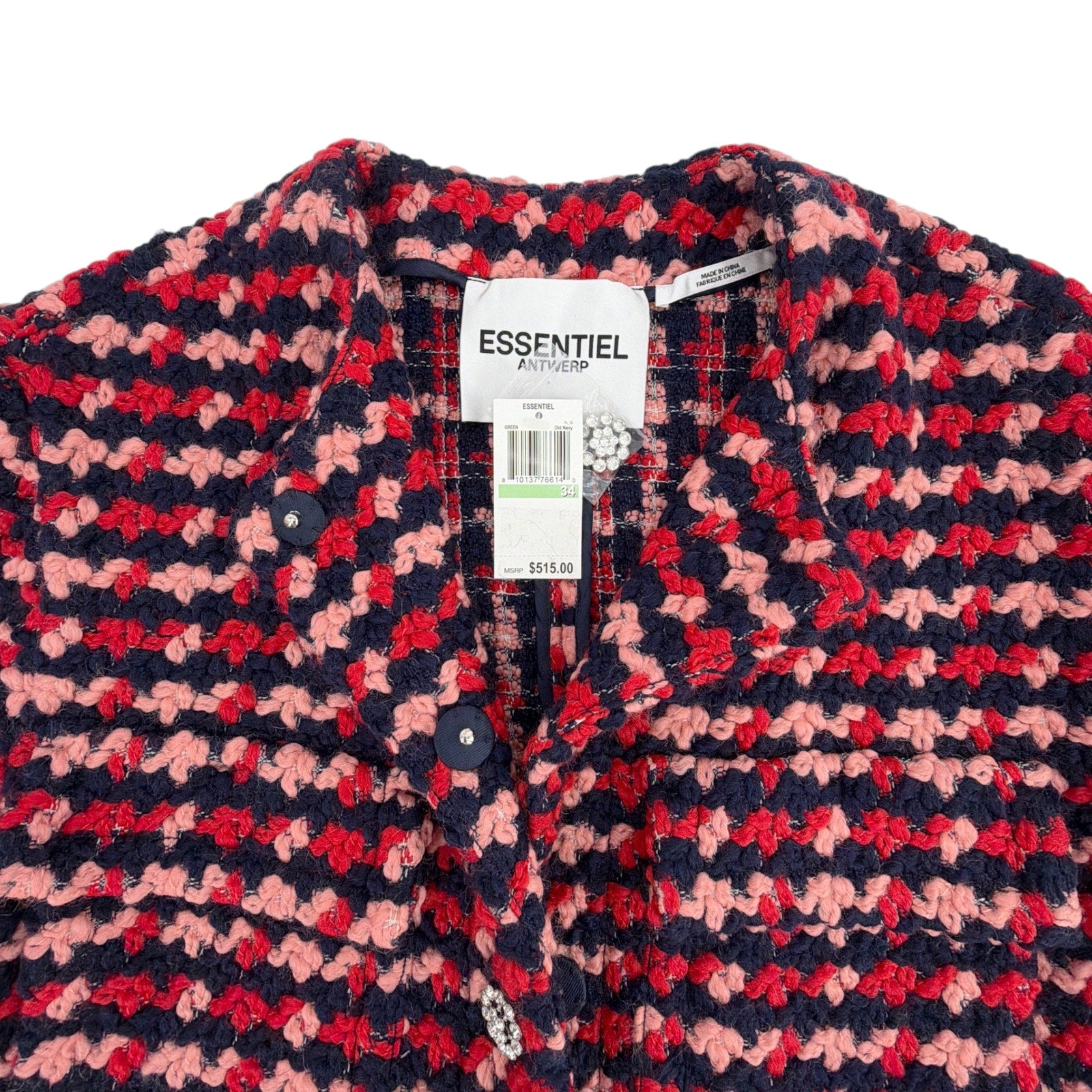 ESSENTIEL ANTWERP Wool Blend Tweed Jacket in Navy Peach & Red XS Essentiel Antwerp