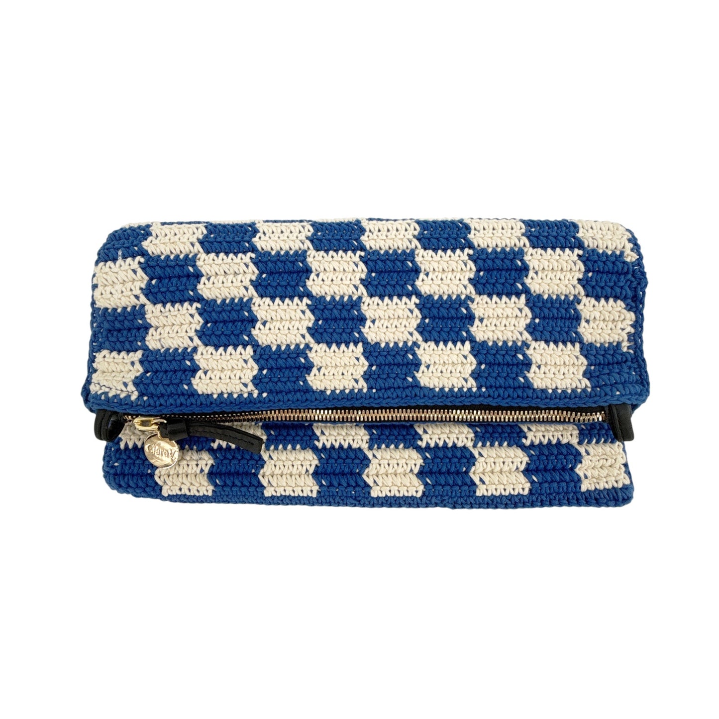CLARE V. Foldover Clutch in Cobalt & Cream Crochet with Chain Shoulder Strap