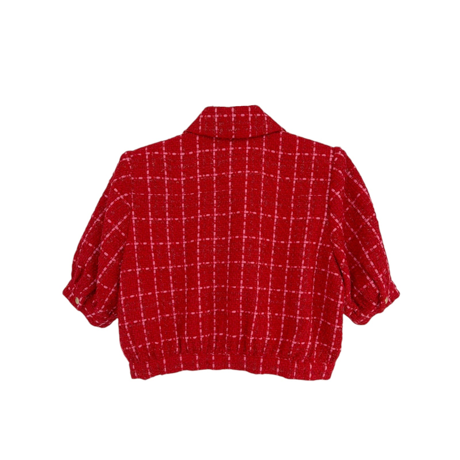 L'AGENCE Cove Cropped Tweed Jacket in Red & Hot Pink Plaid 10|L L'Agence
