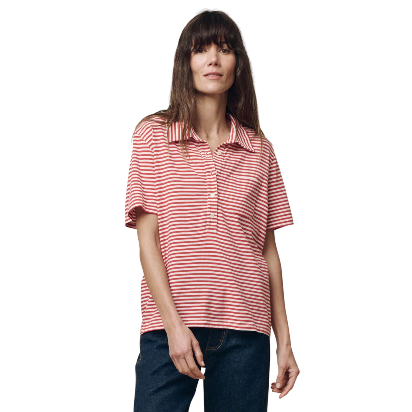 THE GREAT. The Lacrosse Polo. In Sun Cherry Stripe 0|XS
