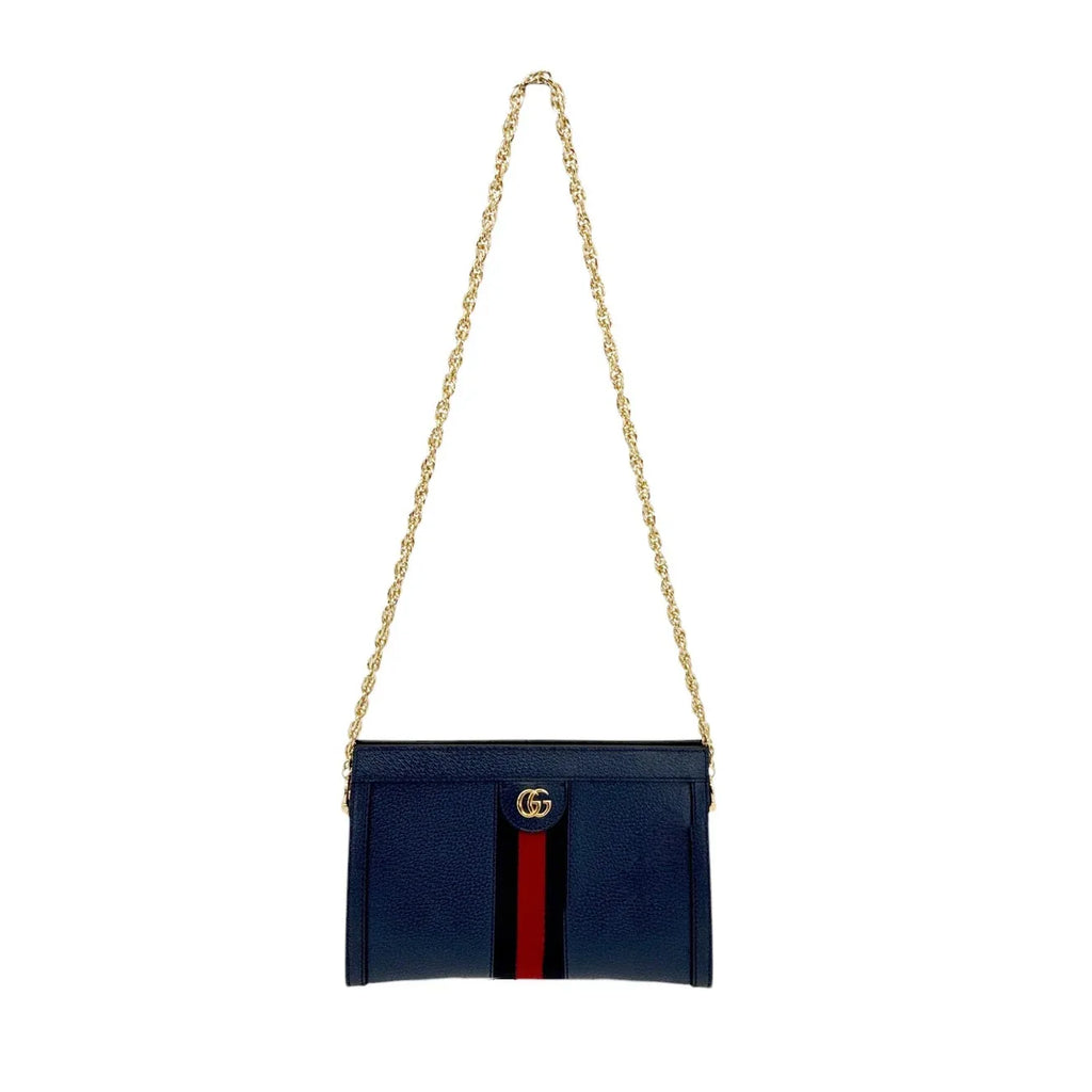 GUCCI Ophidia Chain Shoulder Bag Textured Calfskin Web in Blue Agata - flyKAMP