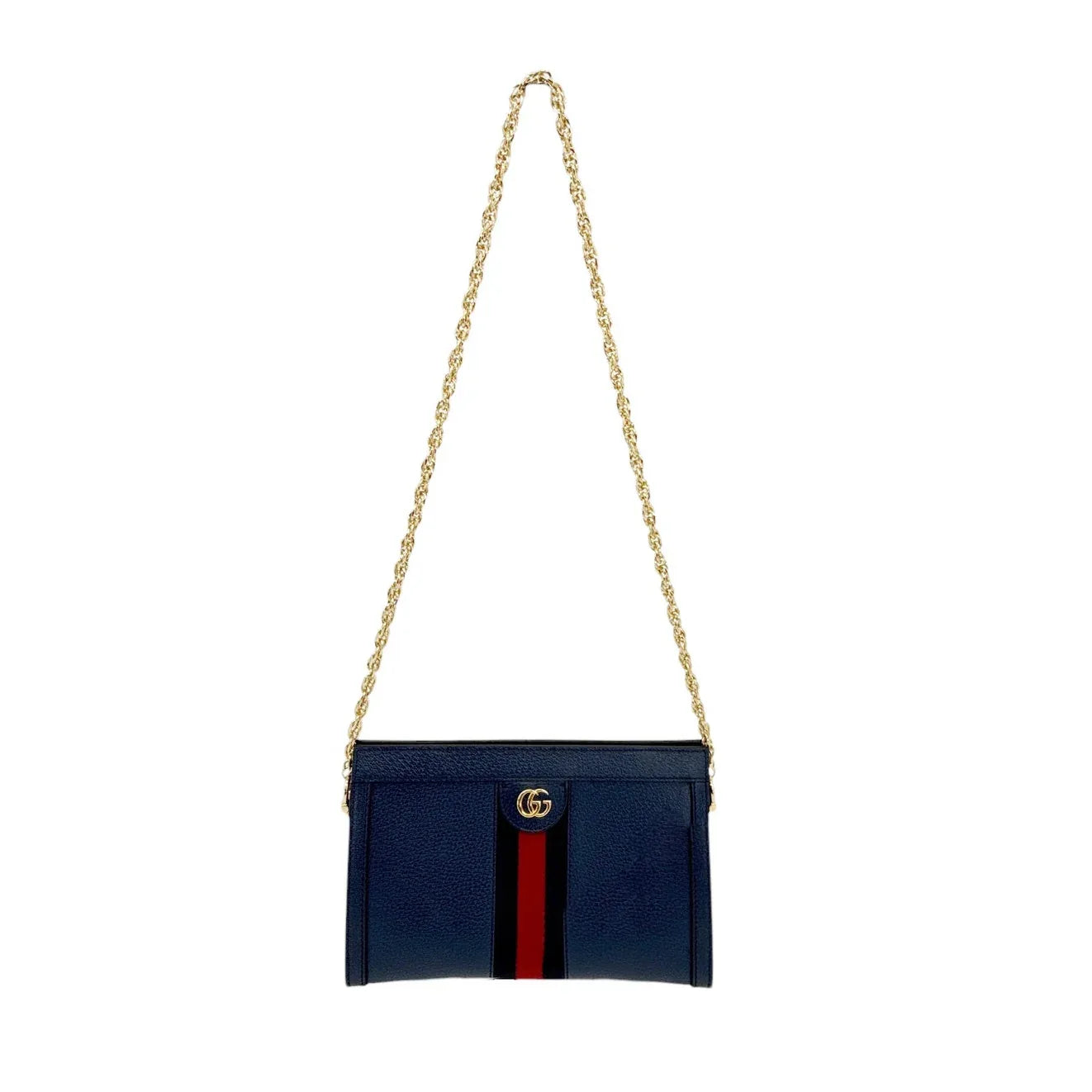 GUCCI Ophidia Chain Shoulder Bag Textured Calfskin Web in Blue Agata - flyKAMP