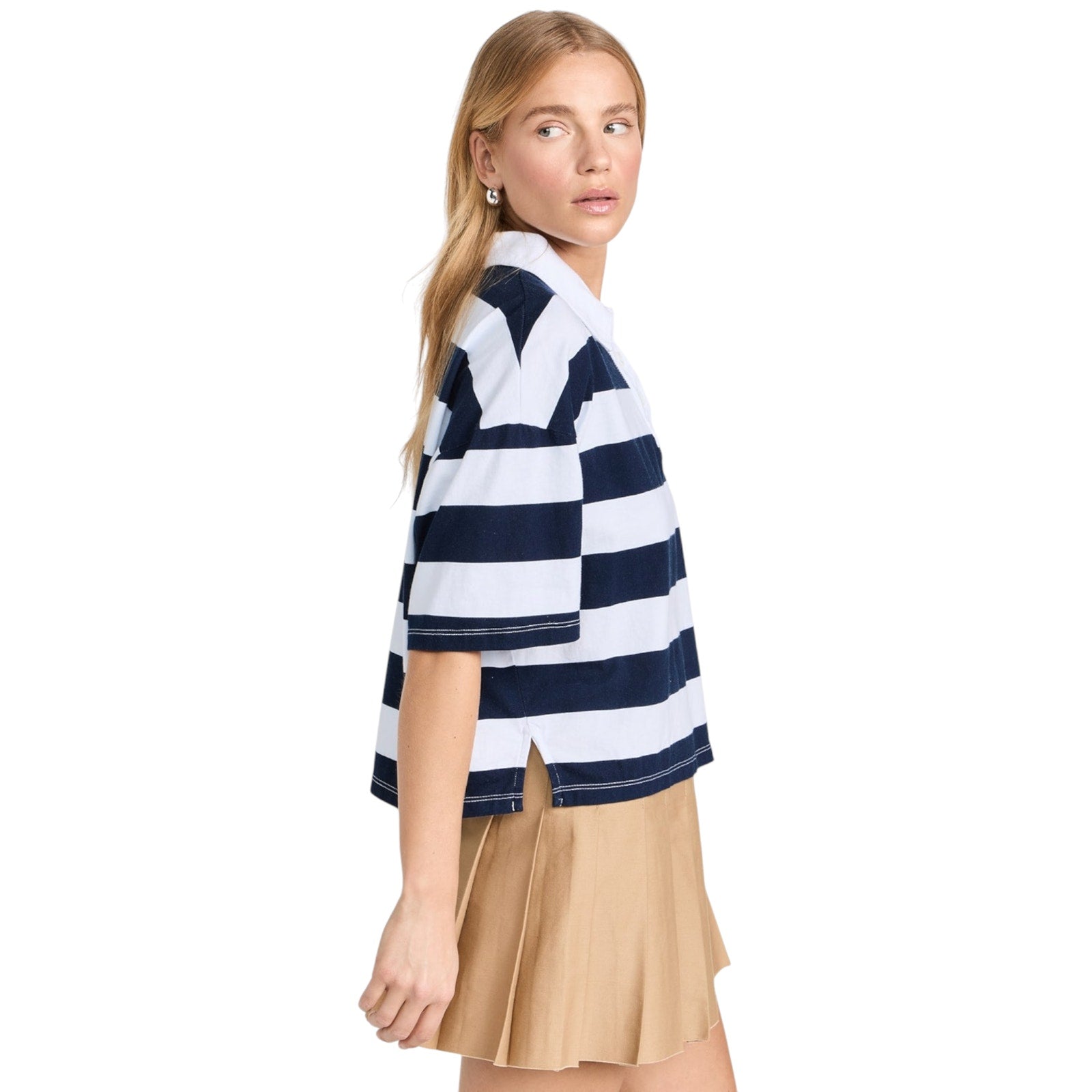 STATESIDE Rugby Stripe Short Sleeve Boxy Polo Navy & White M Stateside
