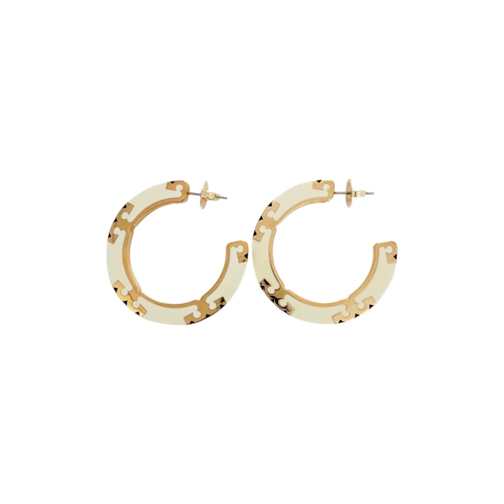 TORY BURCH Icon Enamel Hoop Earrings in Tory Gold / New Ivory / Black Tory Burch