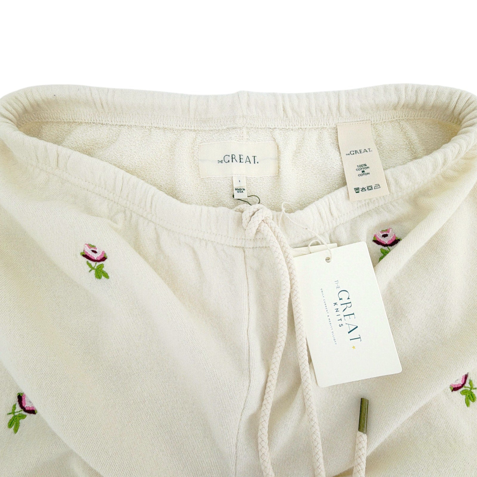 THE GREAT. The Stadium Sweatpant. Washed White with Embroidered Roses 1|S The Great.