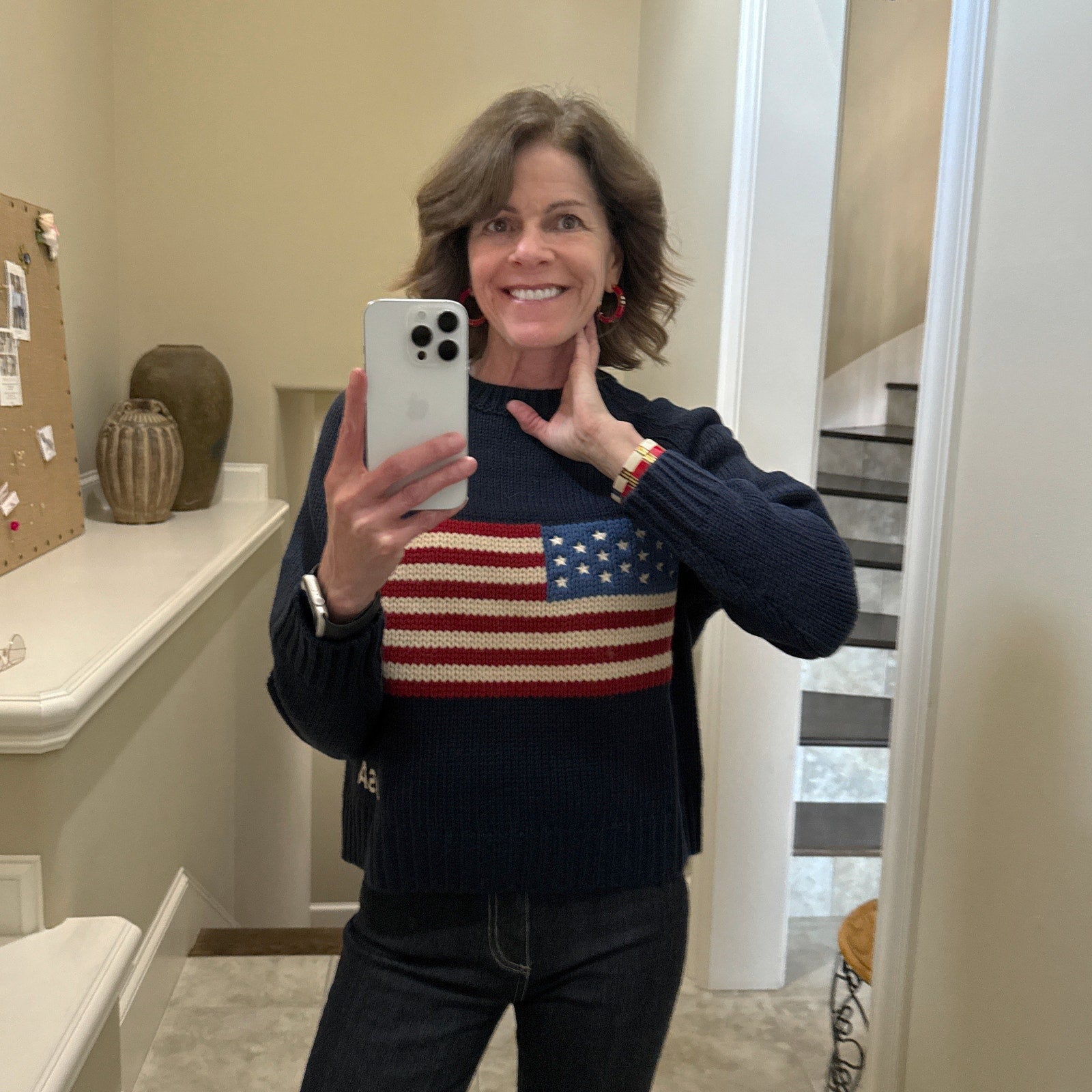 TORY BURCH Icon Enamel Hoop Earrings in Tory Gold / Red / Navy Tory Burch