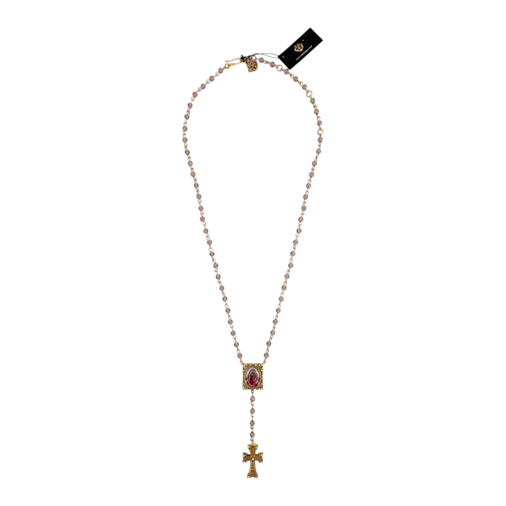 VIRGINS SAINTS & ANGELS VSA Retablo Guadalupe Rosary Necklace in Gold & Pink Virgins Saints & Angels