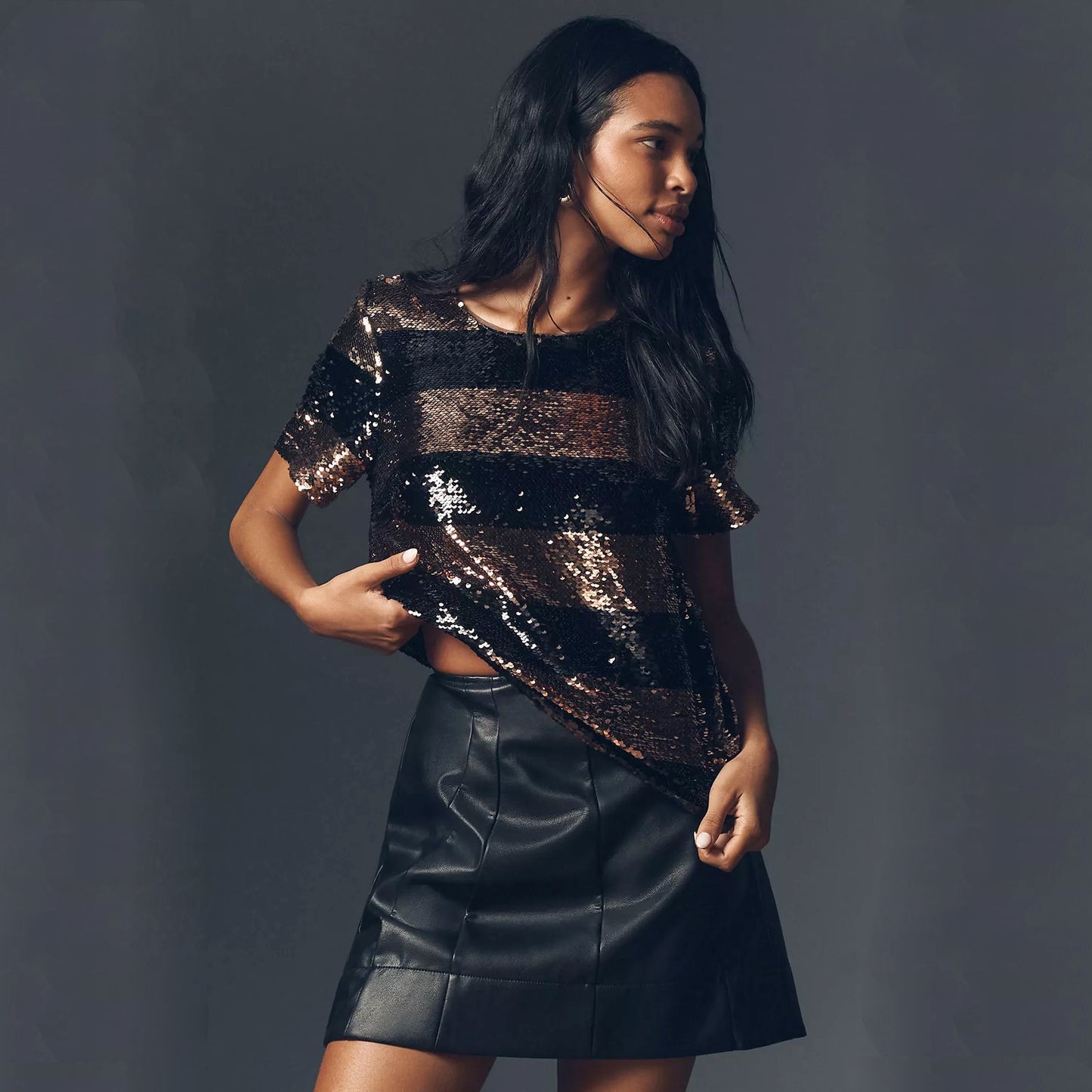 ANTHROPOLOGIE Maeve Short-Sleeve Sequin Striped Top Black S