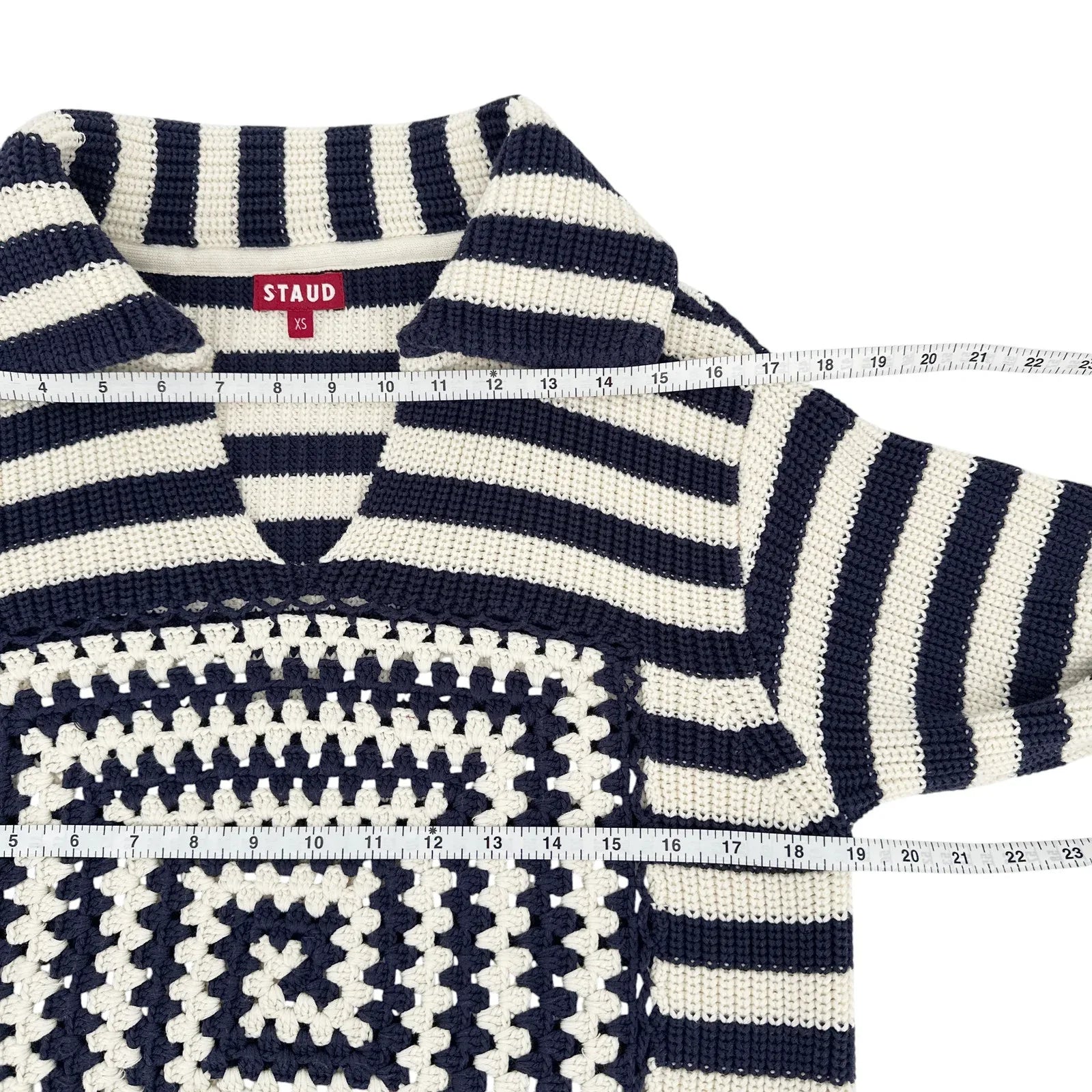 STAUD Alloy Striped Crocheted Cotton Sweater In Acid Cobalt XS - flyKAMP