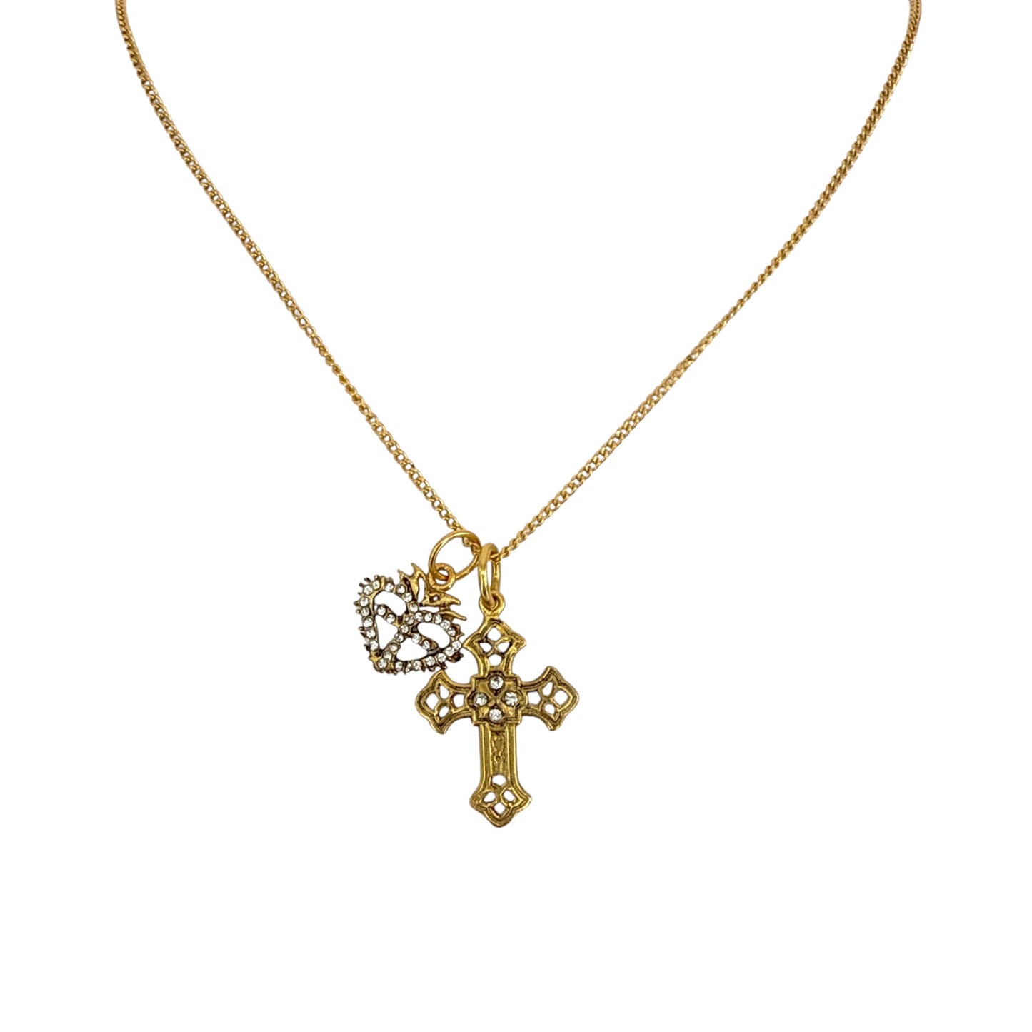 VIRGINS SAINTS & ANGELS VSA Basilica Cross & Sacred Heart Charm Necklace Gold