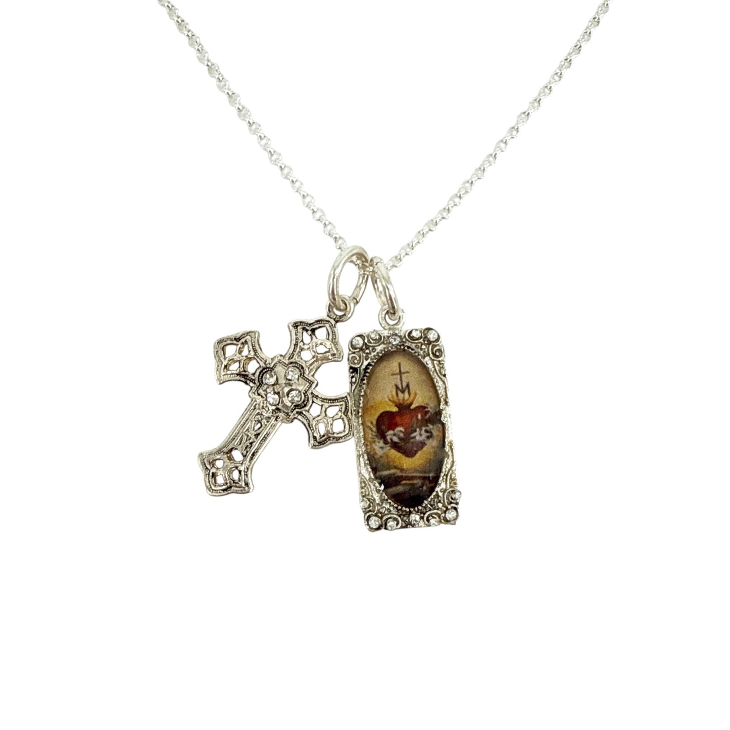 VIRGINS SAINTS & ANGELS VSA Basilica Cross & Retablo Charm Necklace Silver