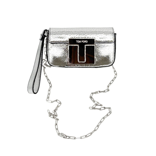 TOM FORD Shiny Leather T Clasp Mini Crossbody Bag in Crackled Silver