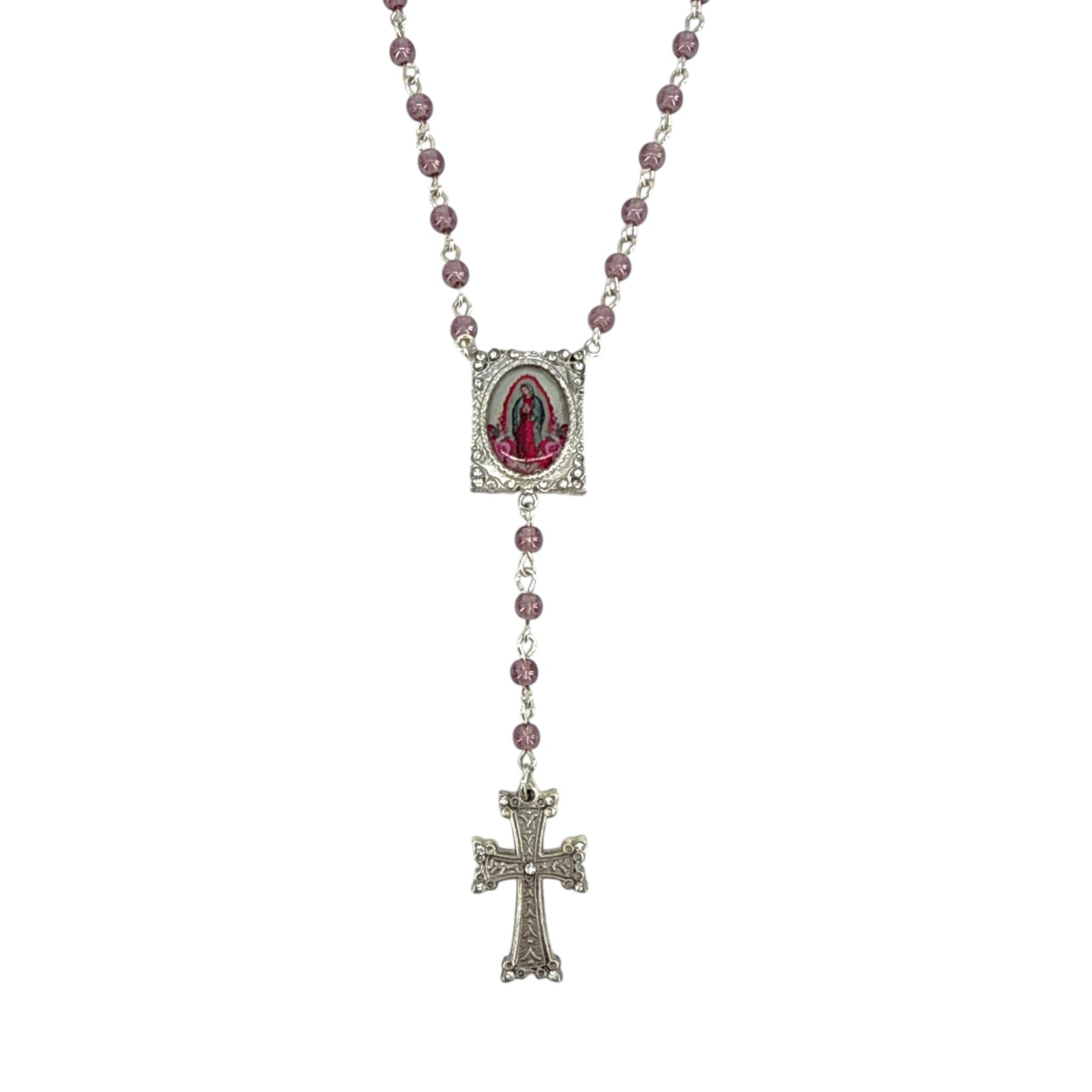 VIRGINS SAINTS & ANGELS VSA Retablo Guadalupe Rosary Necklace in Silver & Pink Virgins Saints & Angels