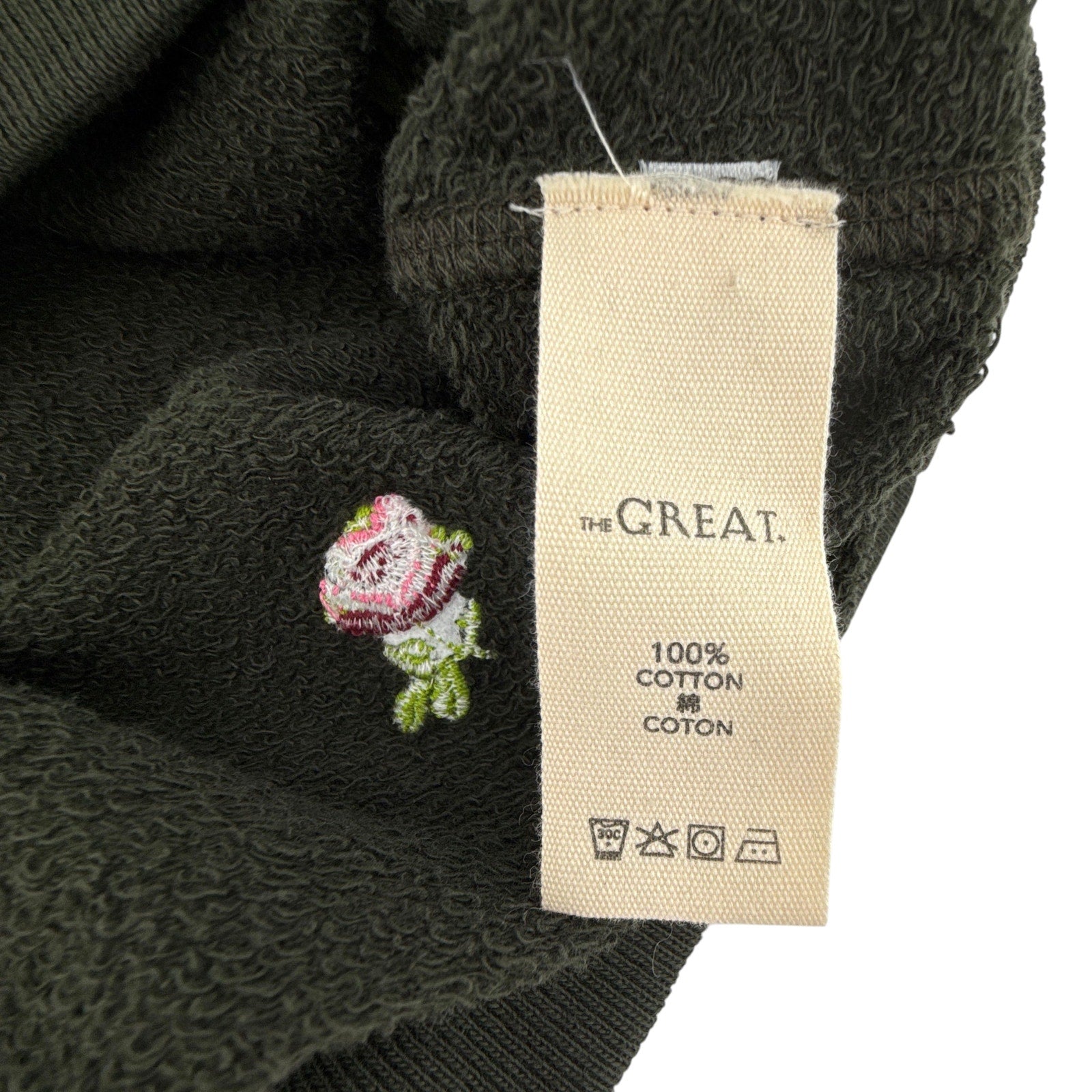 THE GREAT. The College Sweatshirt. Woodland Green With Embroidered Roses 0|XS The Great.