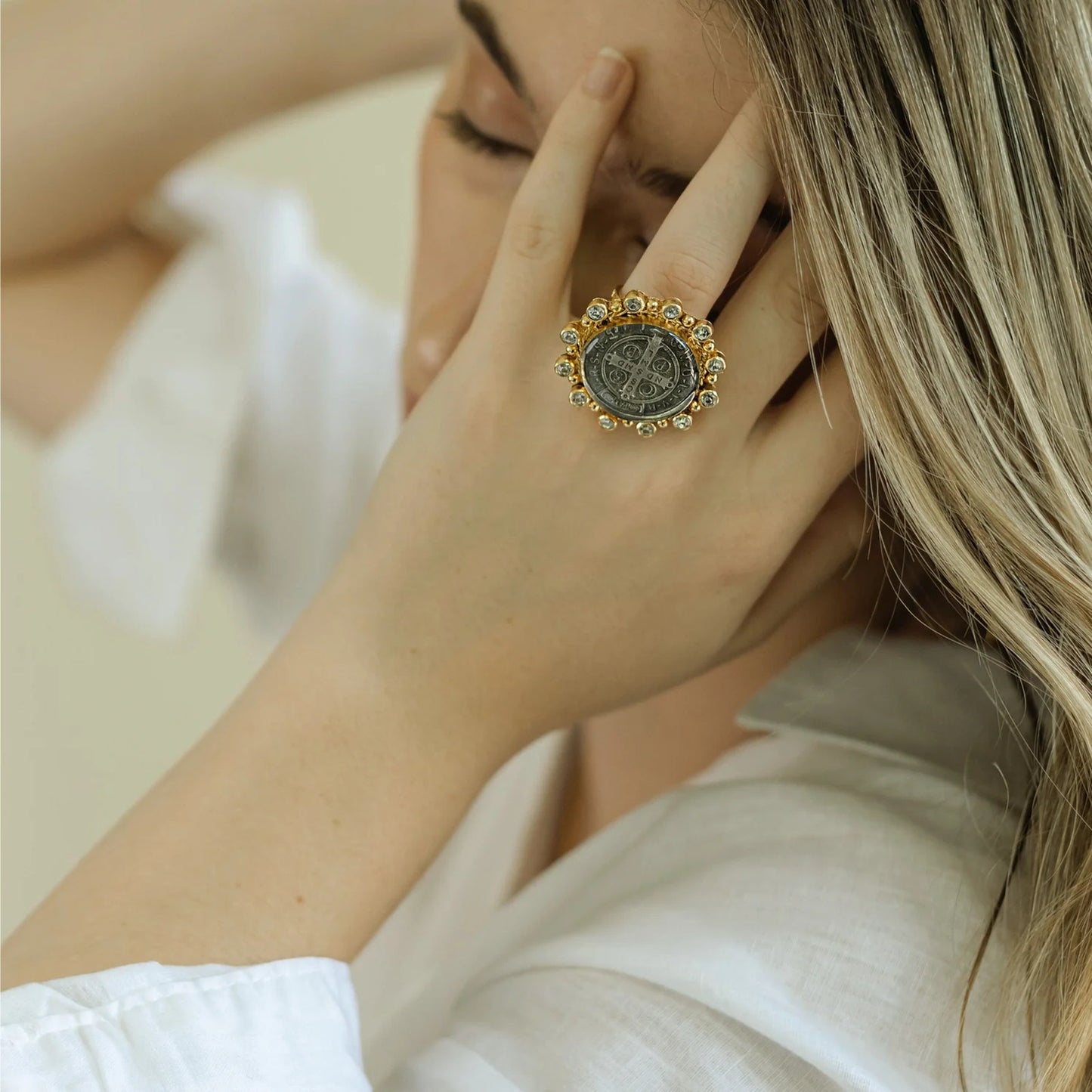 VIRGINS SAINTS & ANGELS Vintage San Benito Ring Gold Plated Sterling Silver 7