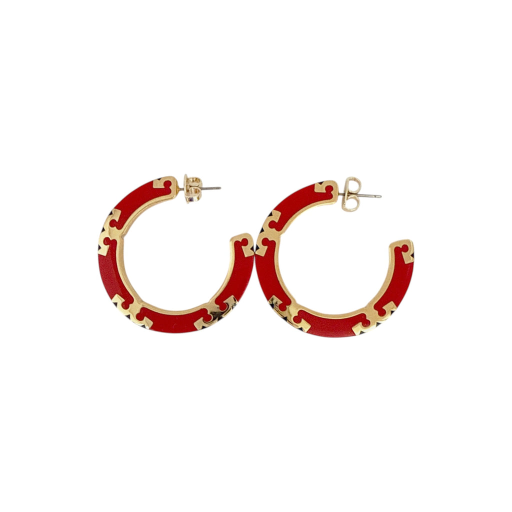 TORY BURCH Icon Enamel Hoop Earrings in Tory Gold / Red / Navy Tory Burch
