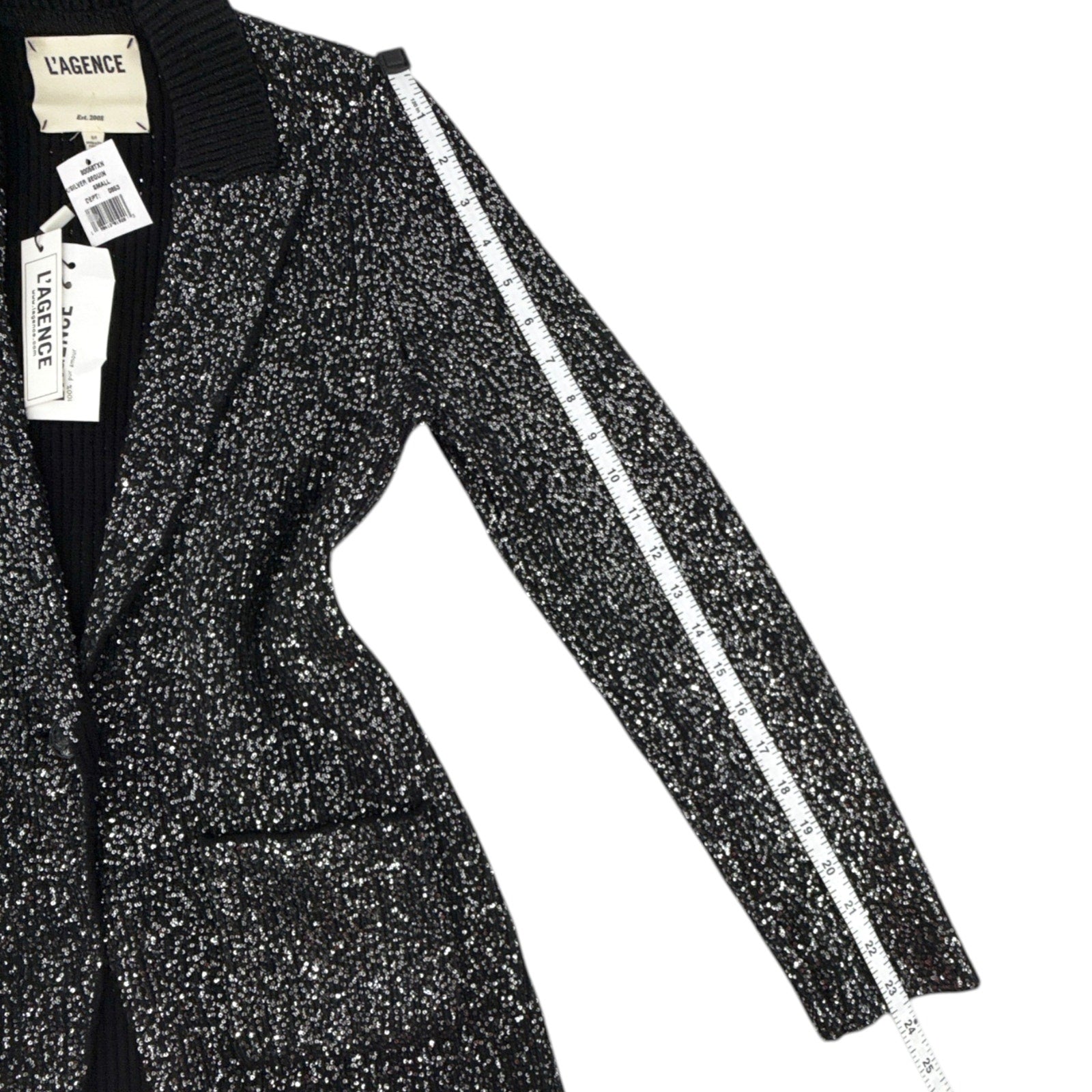 L'AGENCE Leonora Sequin Knit Blazer in Black Silver Sequin S L'Agence