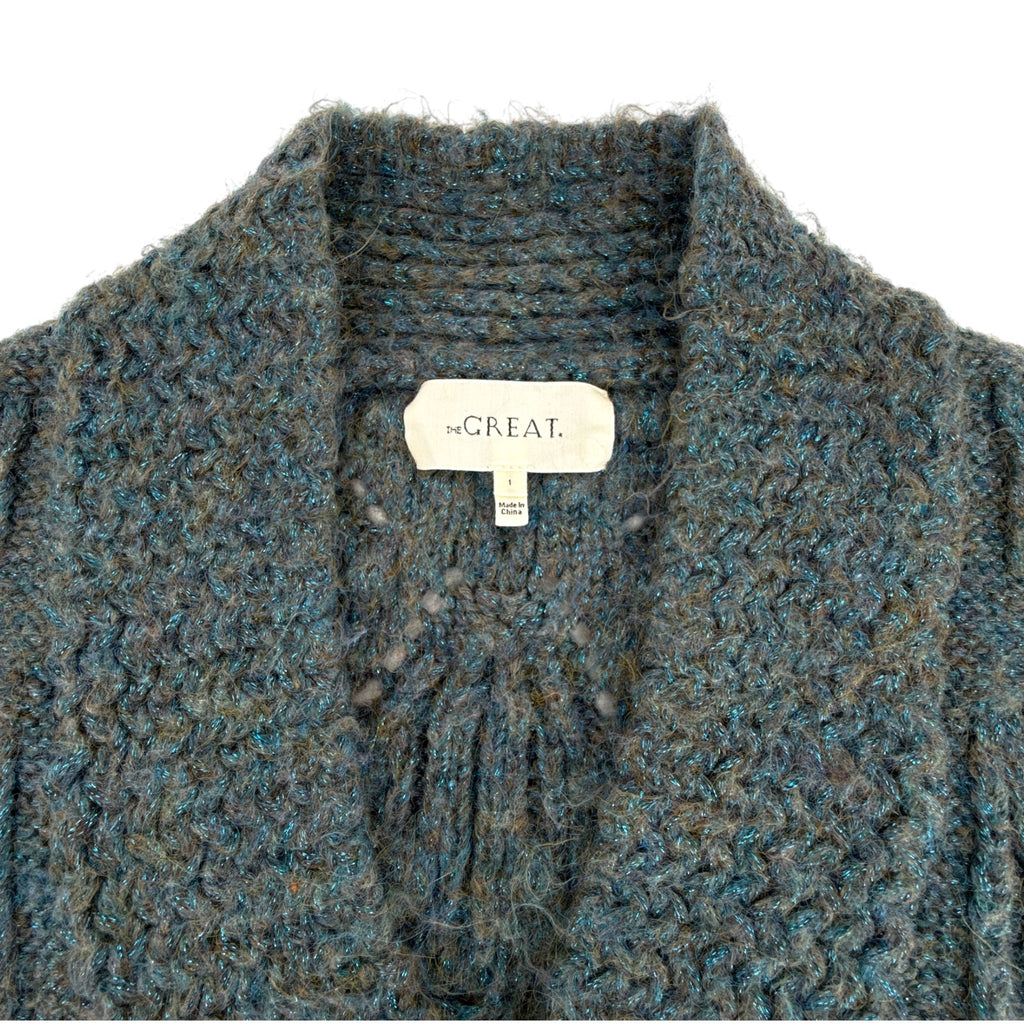 The GREAT. The Frond Montana Cardigan in Pine Needle Shimmer 1 | S The Great.