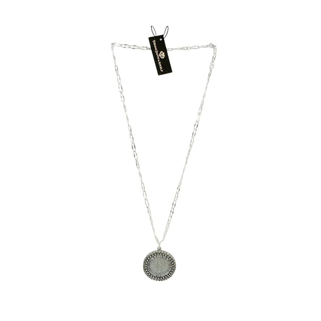 VIRGINS SAINTS & ANGELS Disco Virgin Charm Necklace in Silver & Black Diamond - flyKAMP
