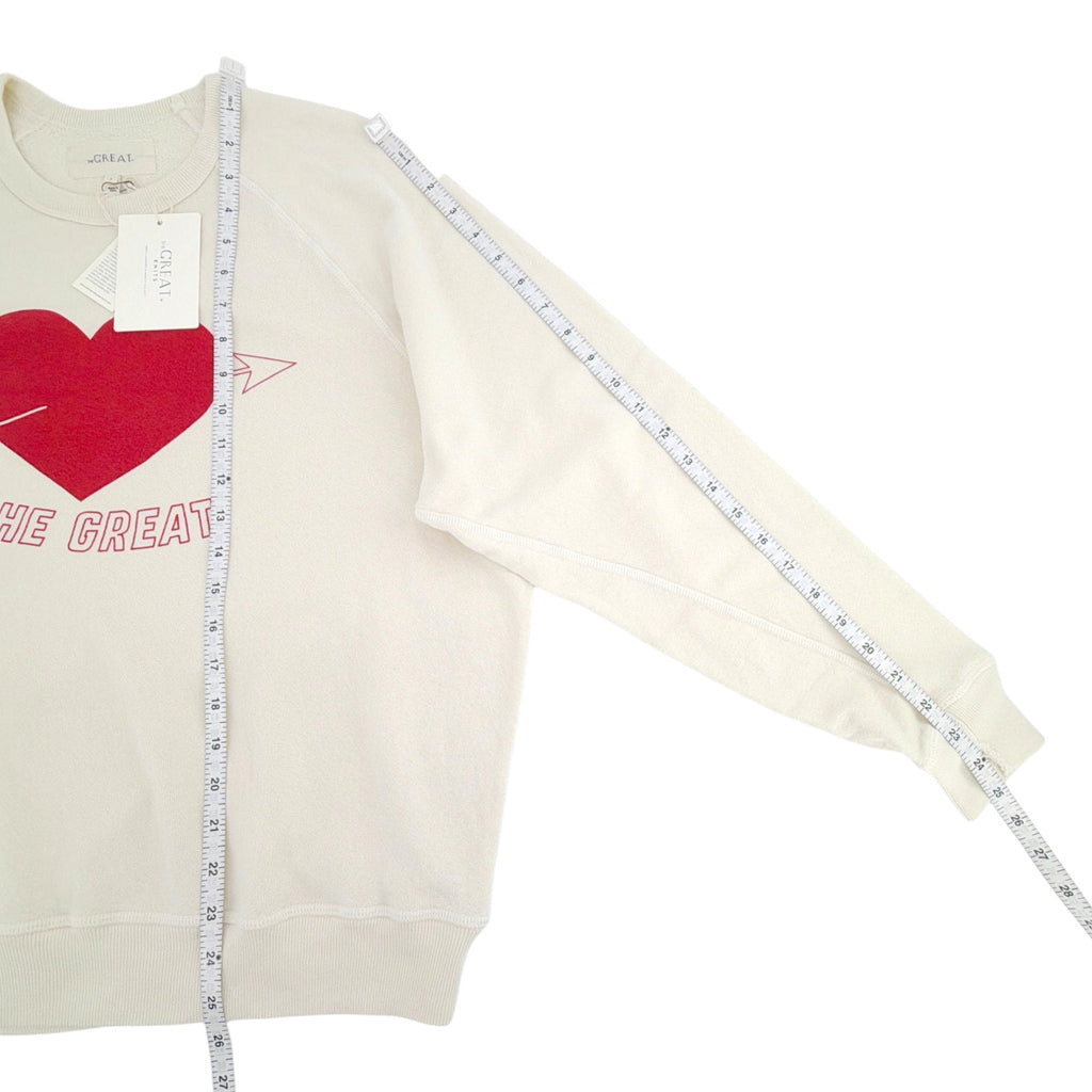 THE GREAT. The College Sweatshirt in Washed White with Red Heart Graphic 2|M The Great.