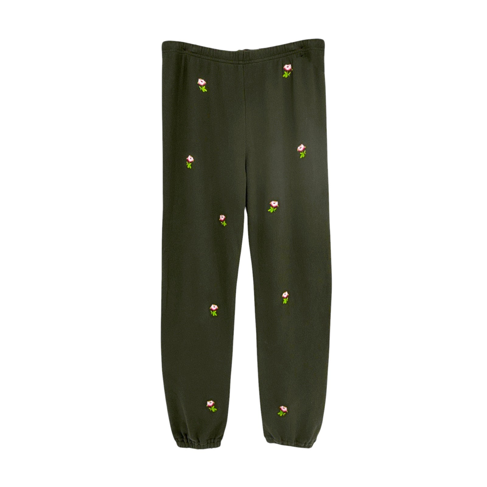 THE GREAT. The Stadium Sweatpant. Woodland Green With Embroidered Roses 0|XS The Great.