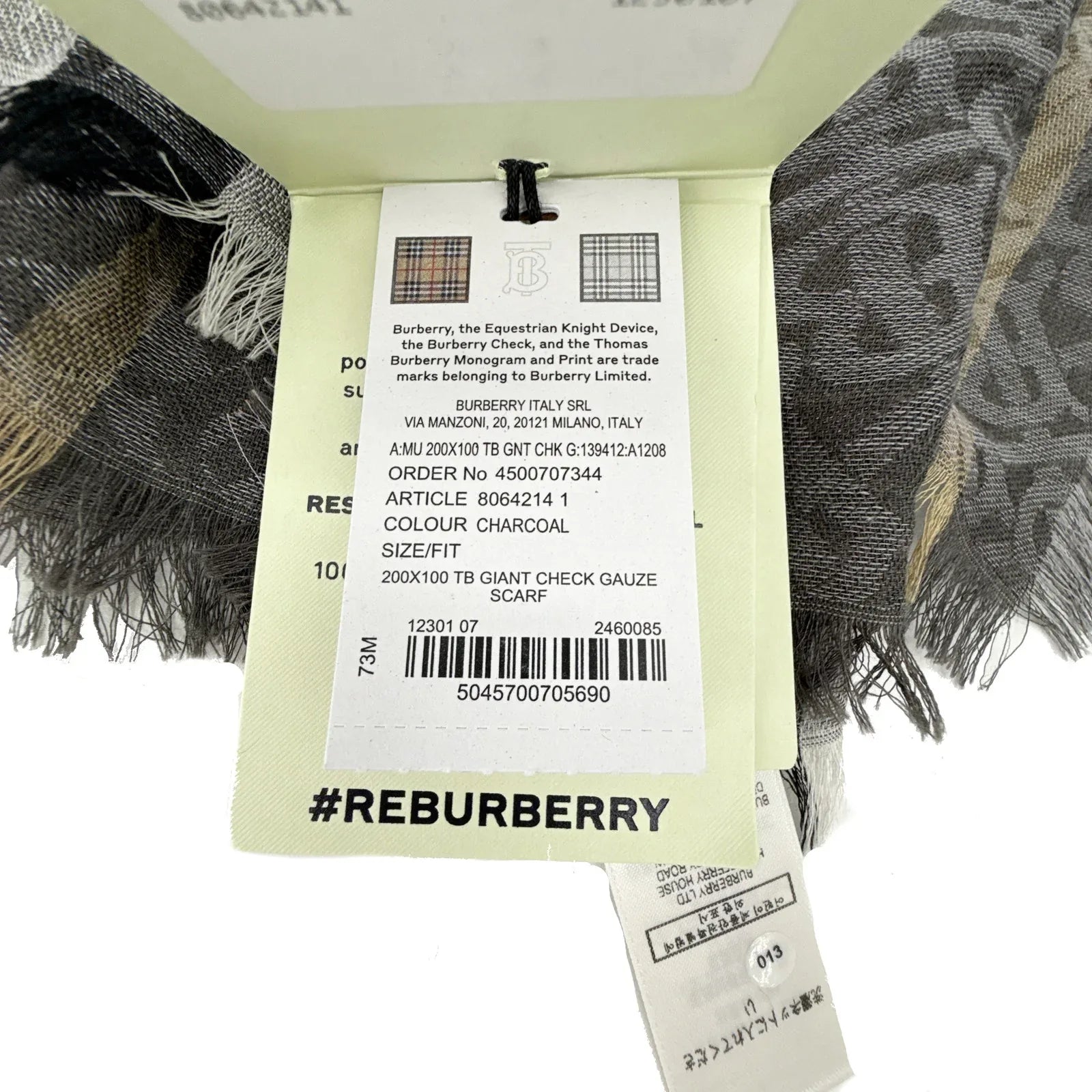 BURBERRY TB Giant Check Gauze Wool & Silk Scarf in Charcoal - flyKAMP