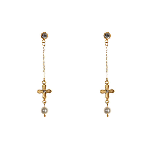 VIRGINS SAINTS & ANGELS VSA Peace Cross Pearl Drop Post Earrings in Gold