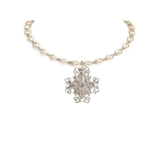 VIRGINS SAINTS & ANGELS Iconic Cream 8mm Pearl Choker & Electra Cross Medallion