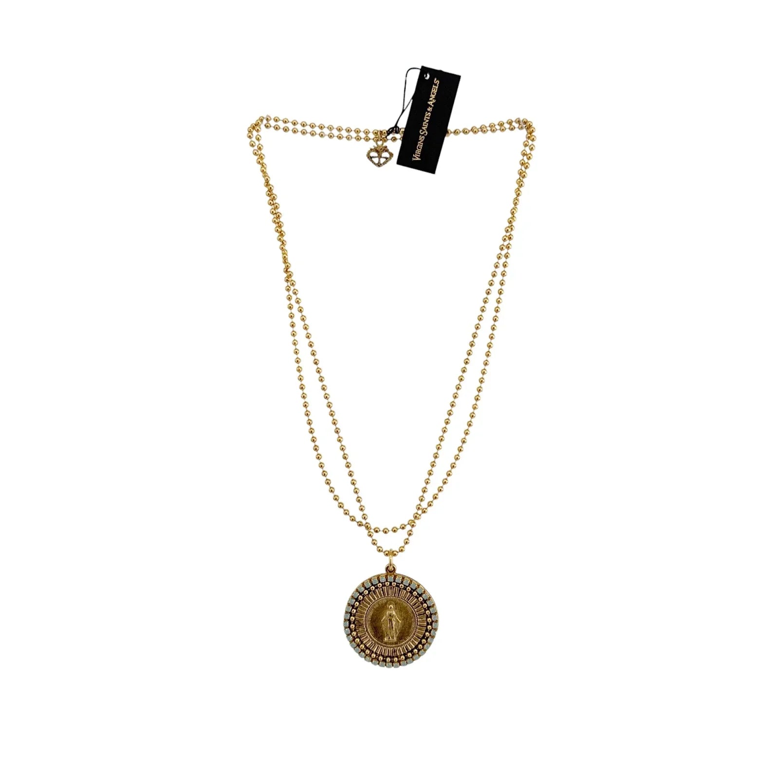 VIRGINS SAINTS & ANGELS VSA Disco Virgin Charm Necklace in Gold & Pacific Opal - flyKAMP