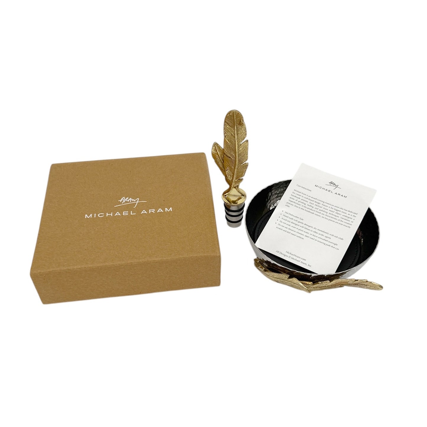 MICHAEL ARAM Gold Feather Coaster & Wine Stopper Set