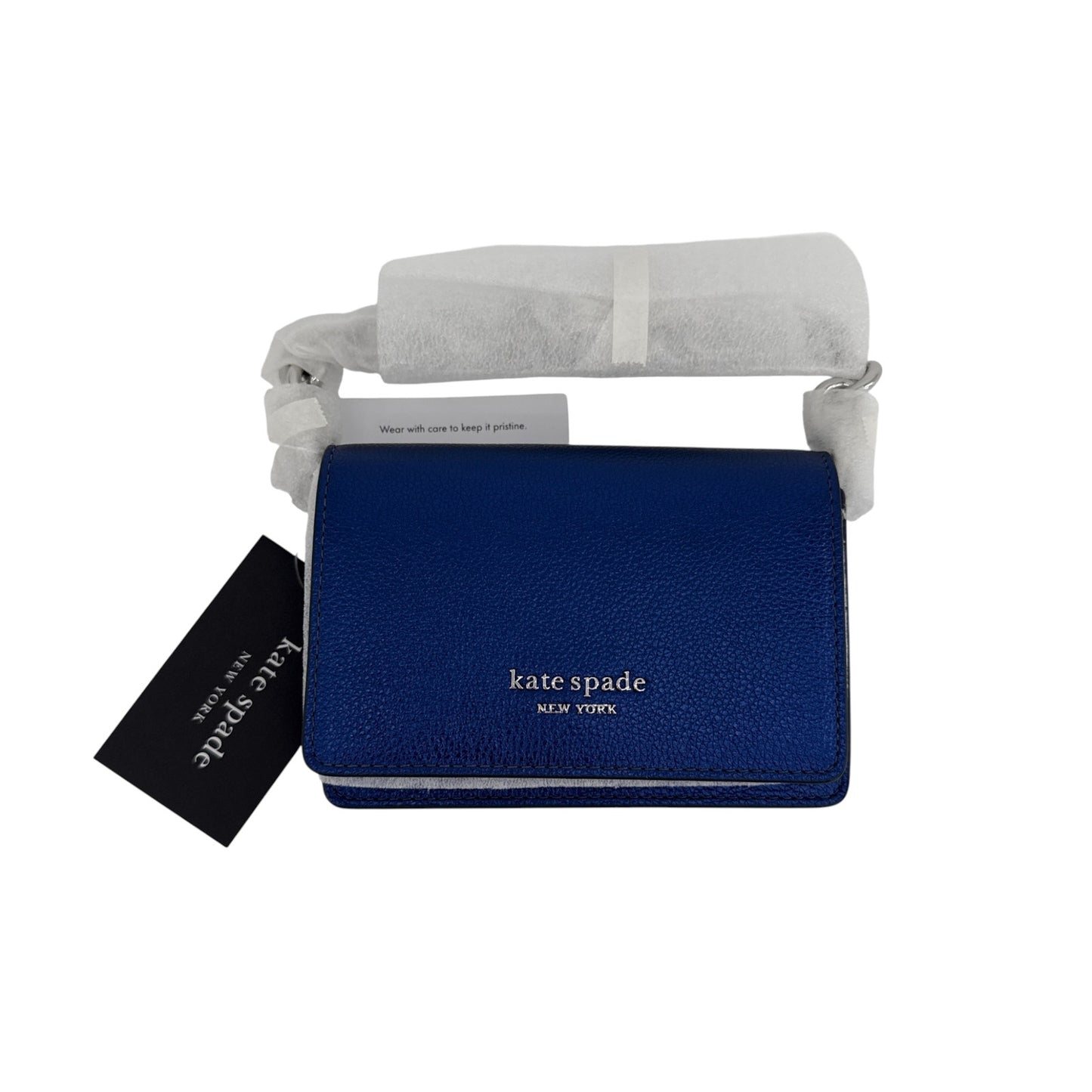 KATE SPADE Natasha Metallic Pebbled Leather Chain Compact Wristlet in Navy