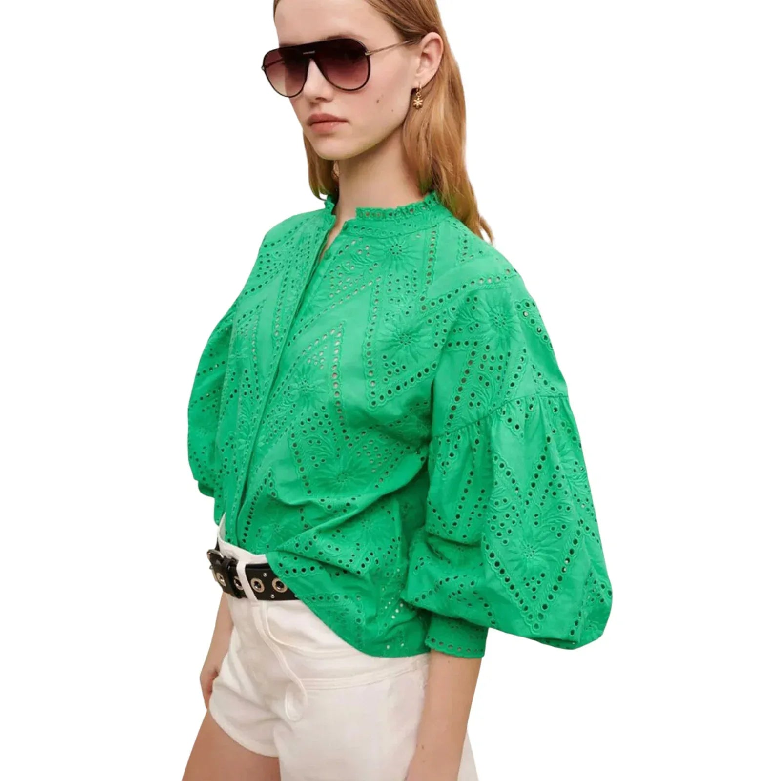 MAJE Ciggy Cotton Eyelet Shirt in Green 3|L - flyKAMP