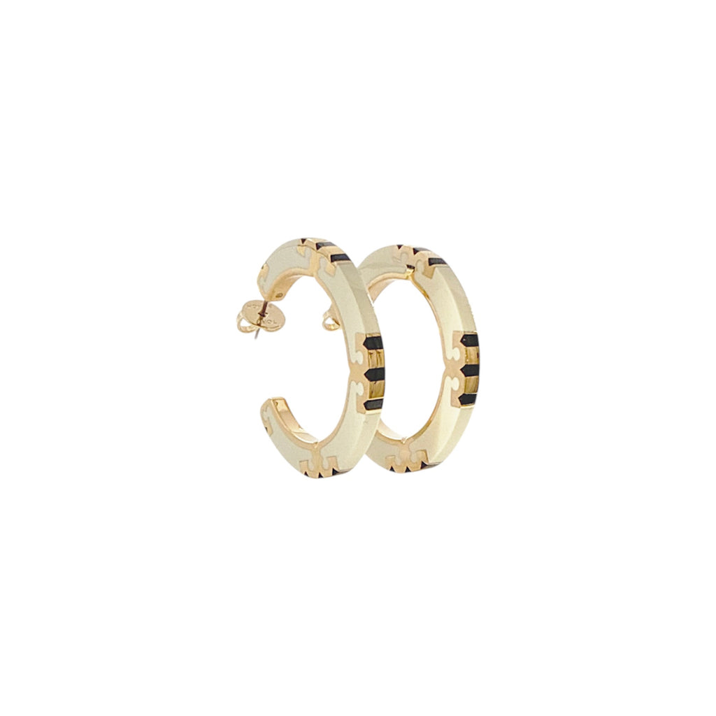 TORY BURCH Icon Enamel Hoop Earrings in Tory Gold / New Ivory / Black Tory Burch
