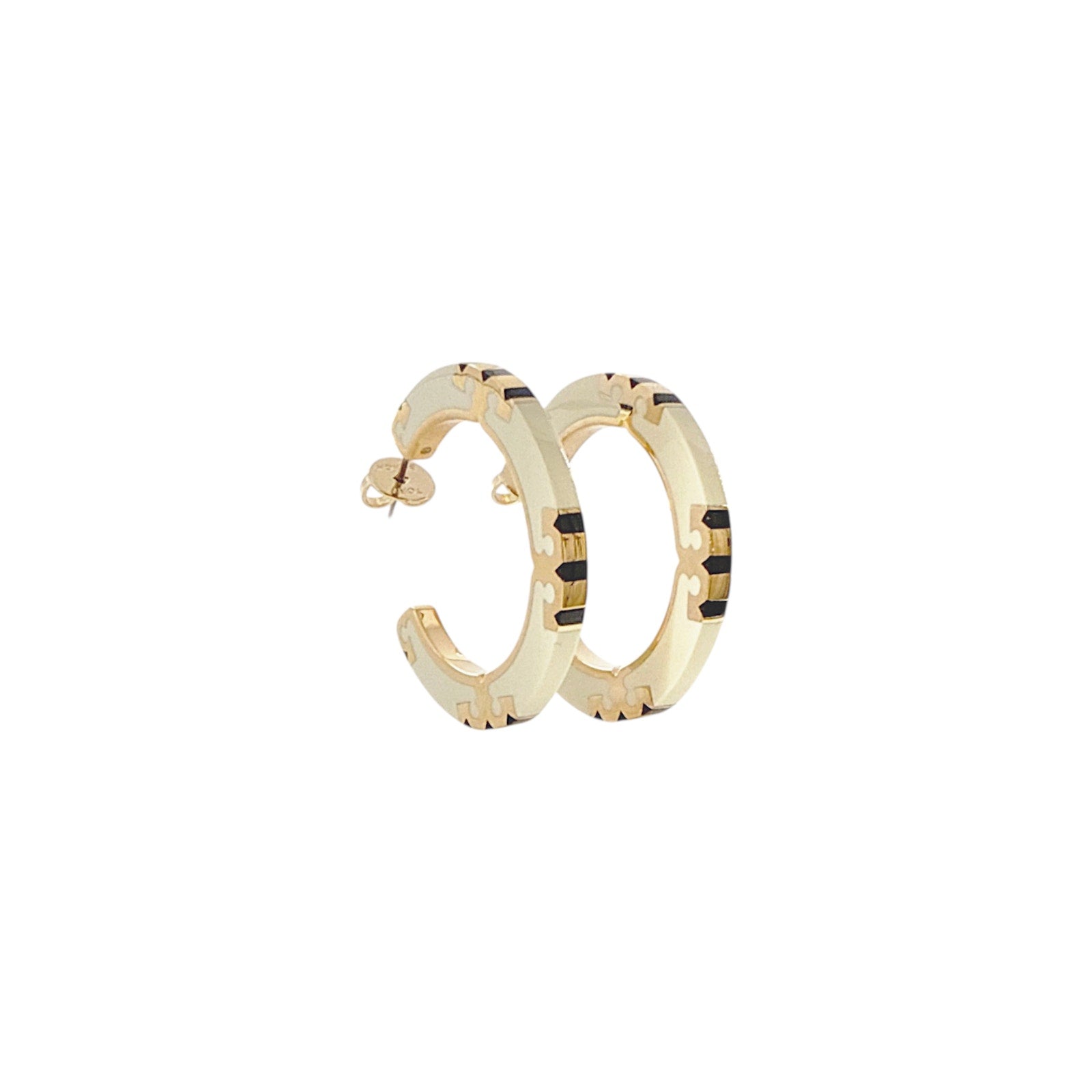 TORY BURCH Icon Enamel Hoop Earrings in Tory Gold / New Ivory / Black Tory Burch