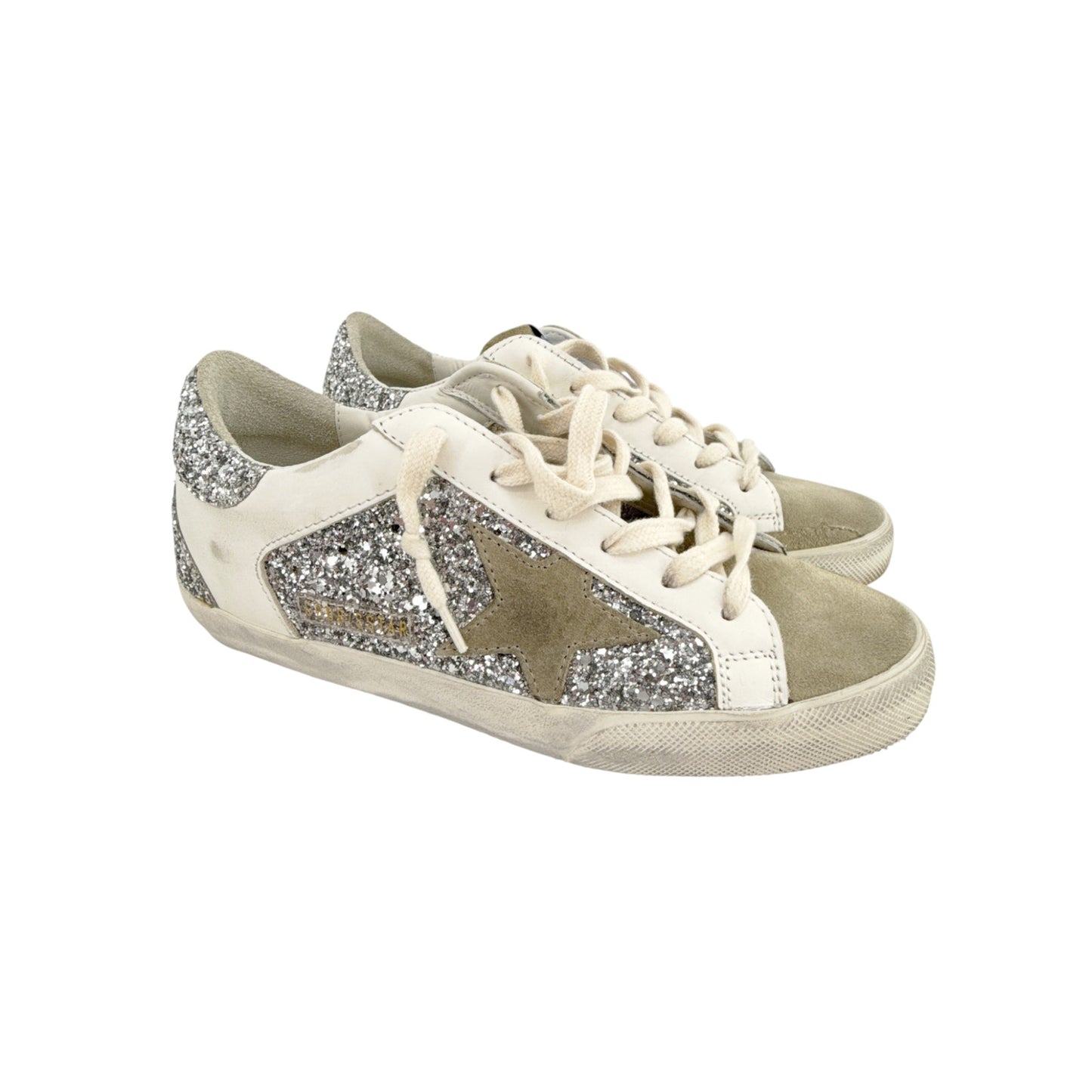 GOLDEN GOOSE Super-Star Silver Glitter Sneakers in Silver, White, & Taupe 37